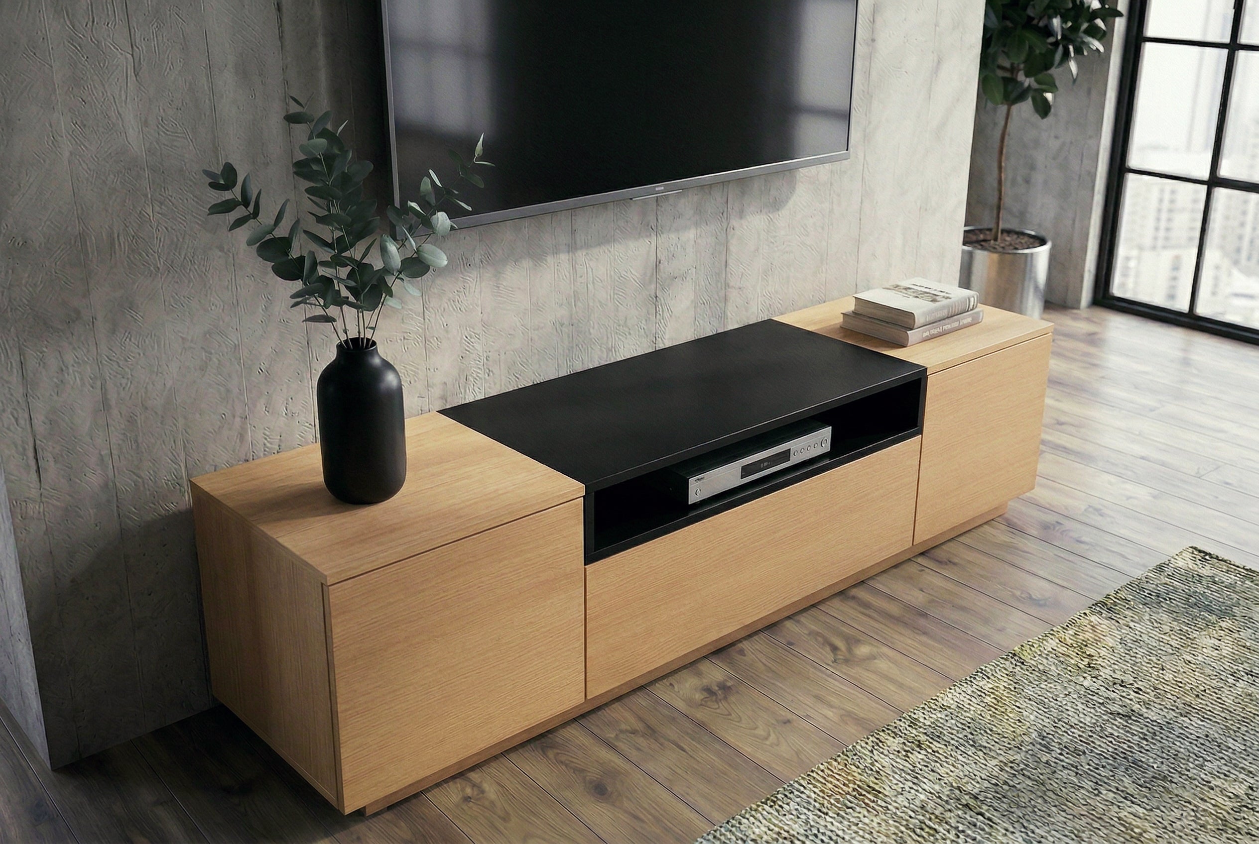 Meuble TV moderne LOFT 160cm noir naturel trois compartiments avec tiroir