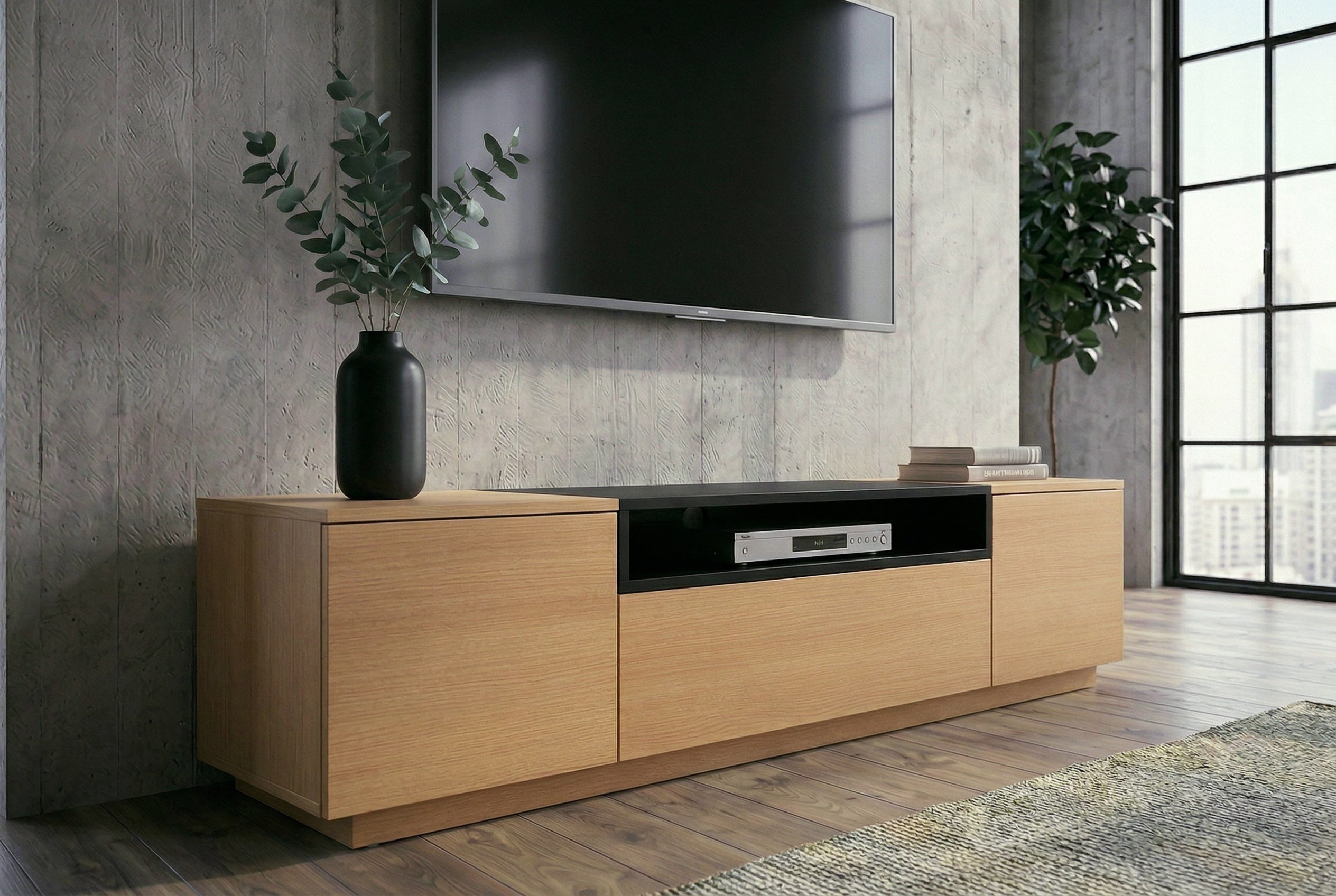 Meuble TV moderne LOFT 160cm noir naturel trois compartiments avec tiroir