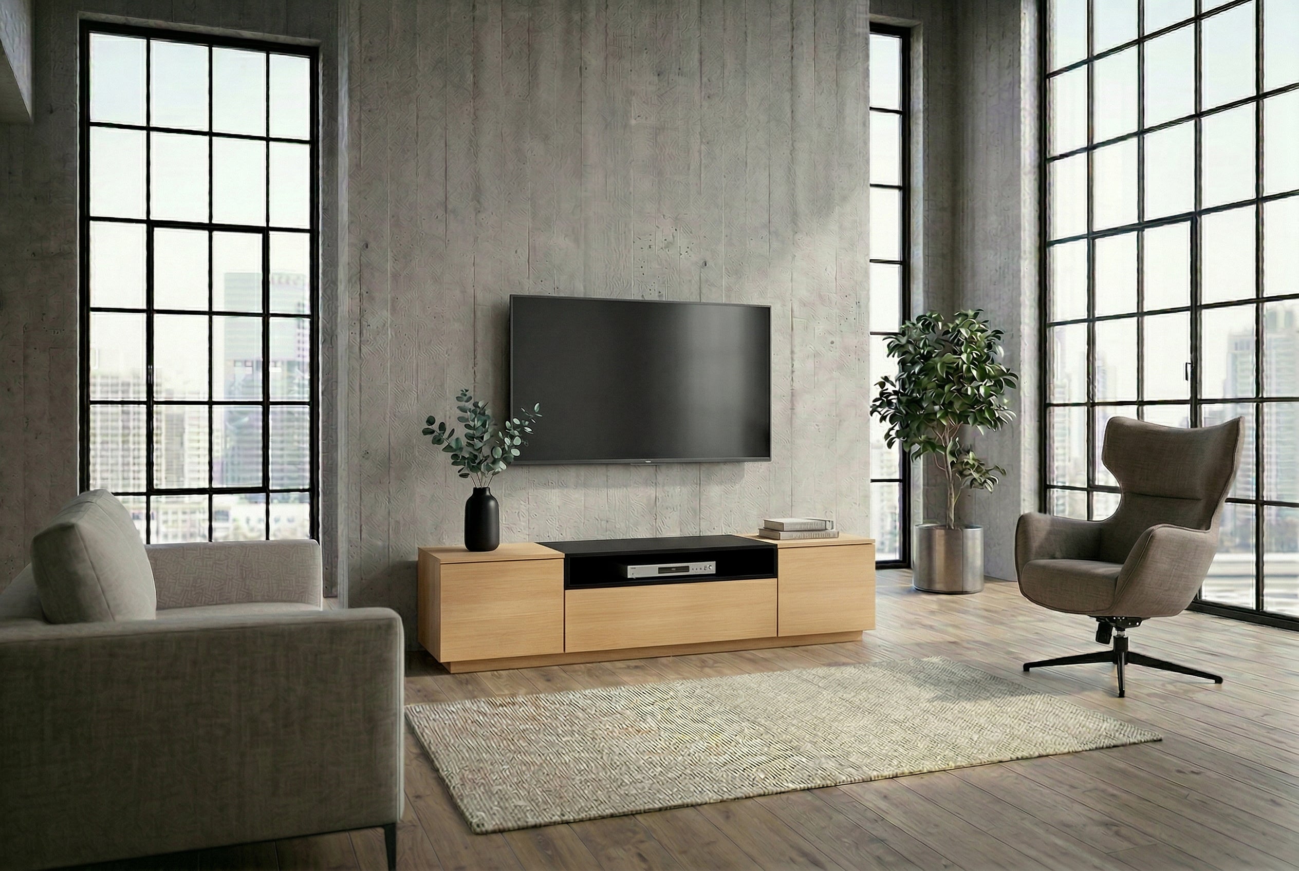 Meuble TV moderne LOFT 160cm noir naturel trois compartiments avec tiroir