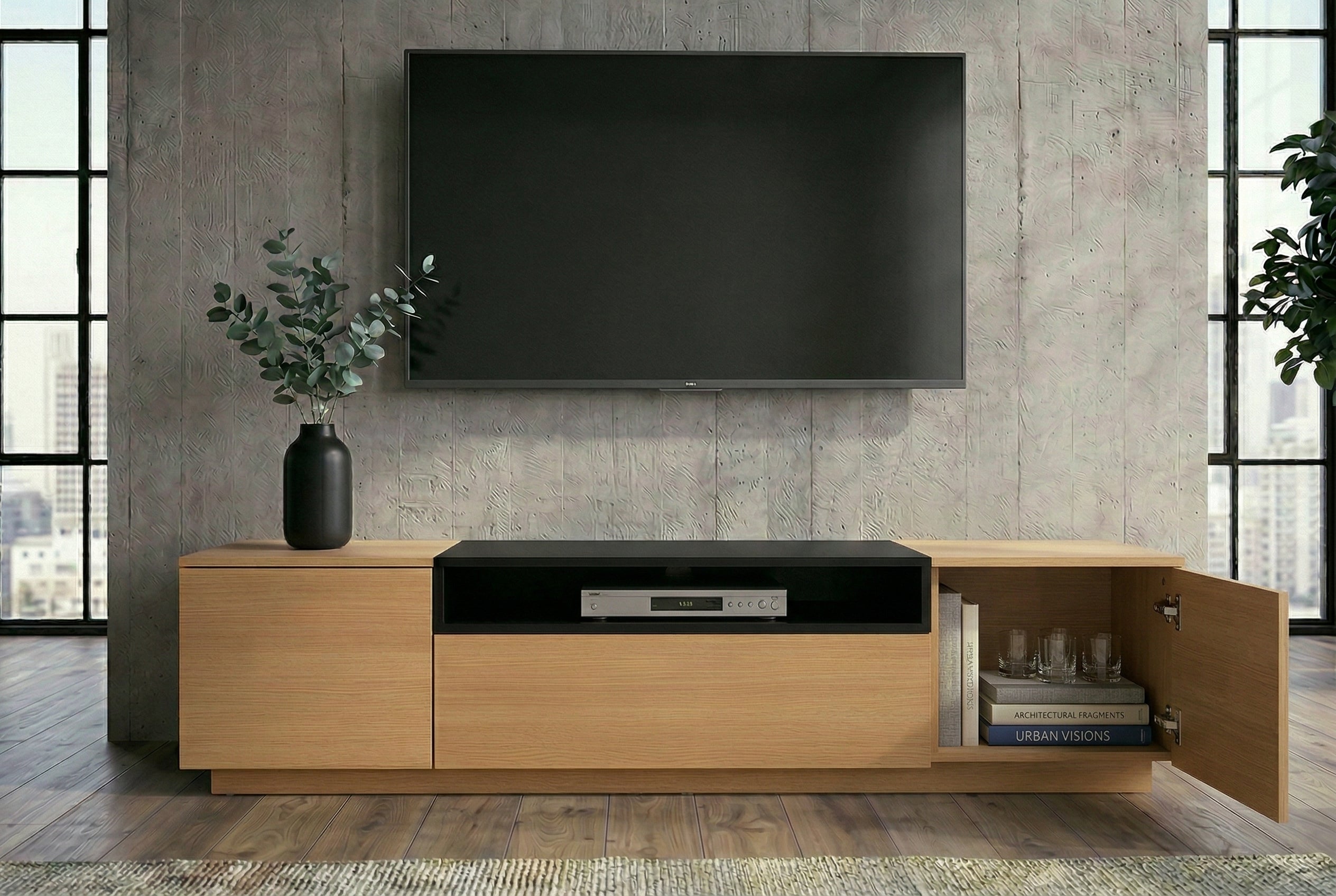 Meuble TV moderne LOFT 160cm noir naturel trois compartiments avec tiroir