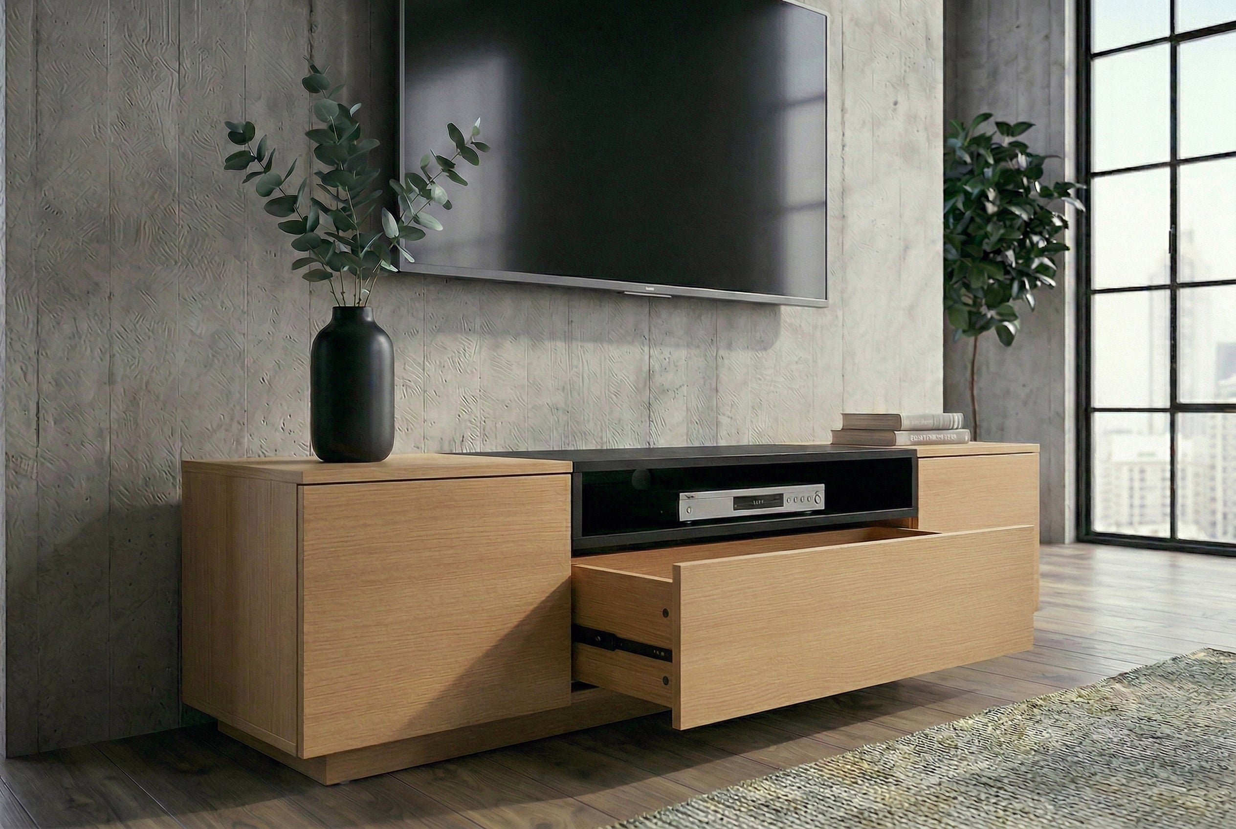 Meuble TV moderne LOFT 160cm noir naturel trois compartiments avec tiroir
