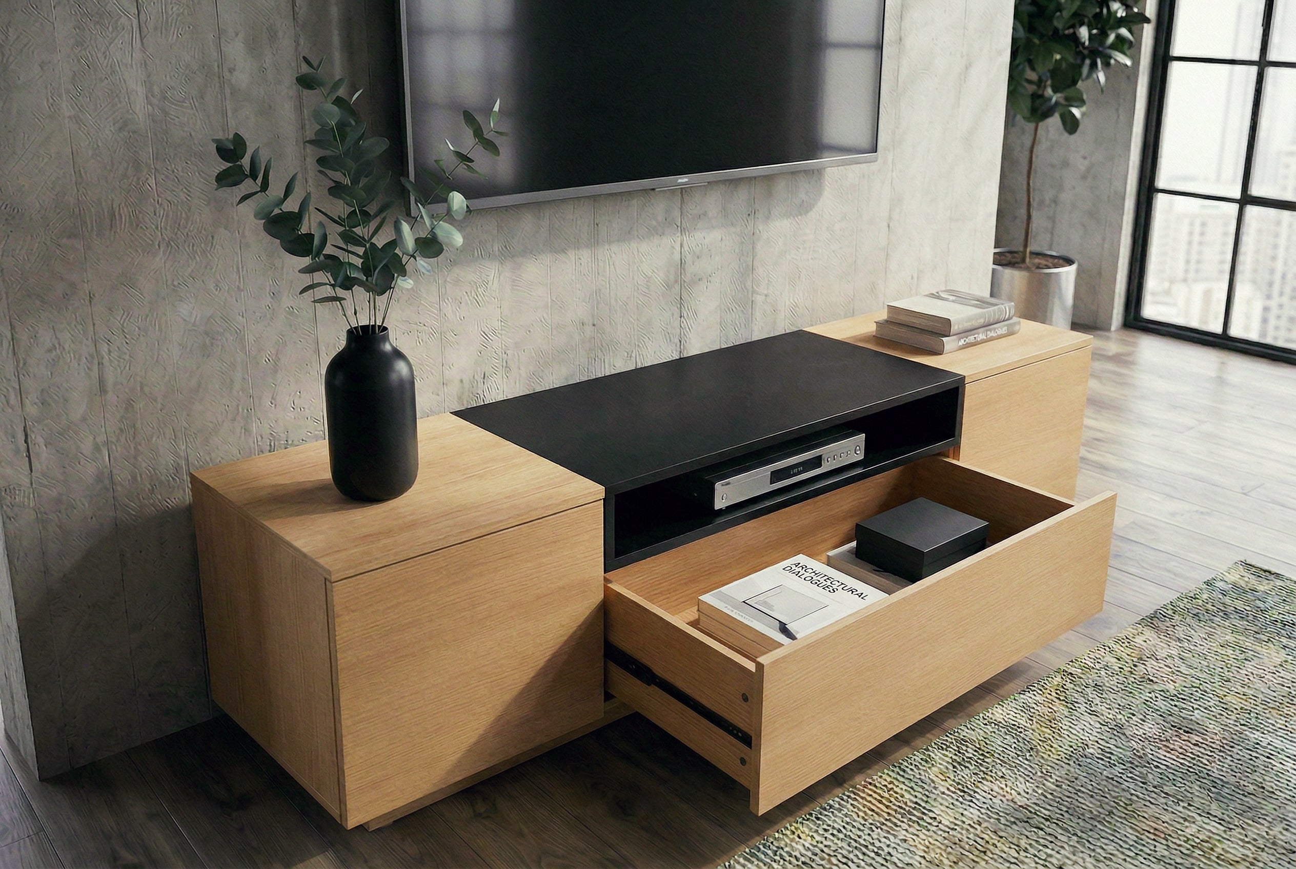 Meuble TV moderne LOFT 160cm noir naturel trois compartiments avec tiroir