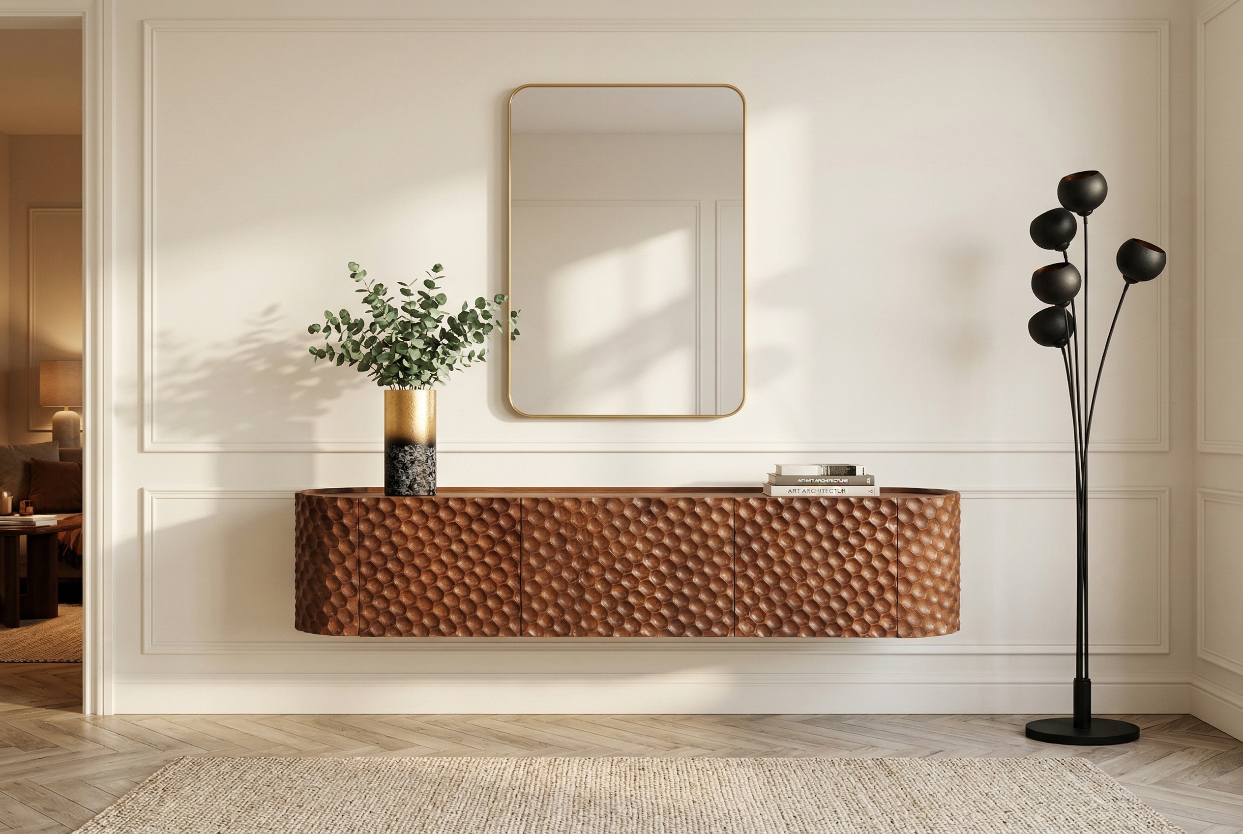 Meuble TV suspendu ADLON 160cm en manguier marron, façade 3D massive en structure nid d’abeille
