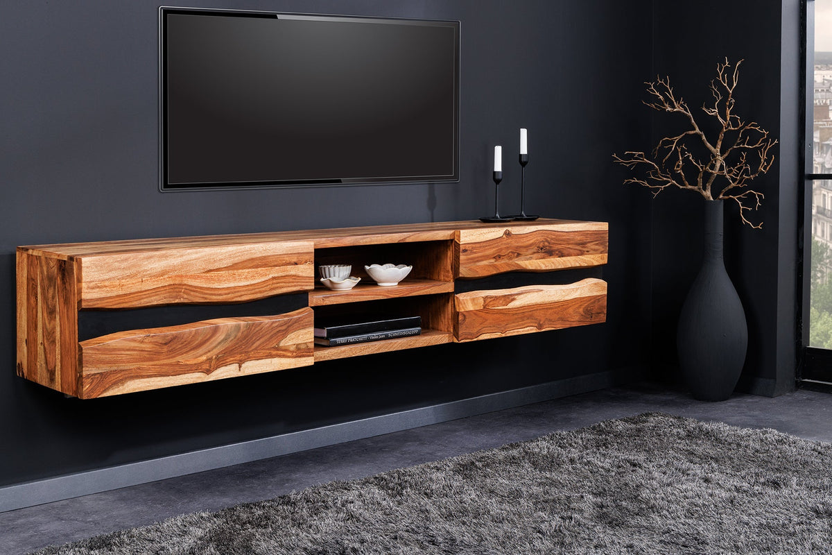 Meuble TV suspendu AMAZONAS 160cm bois massif sheesham marron bord d’arbre métal noir