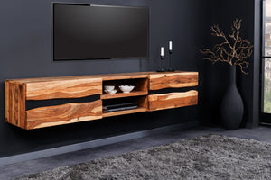 Meuble TV suspendu AMAZONAS 160cm bois massif sheesham marron bord d’arbre métal noir