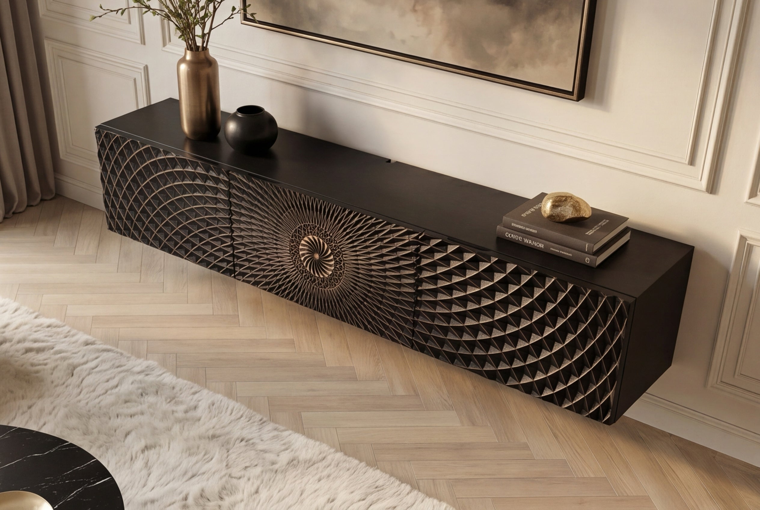 Meuble TV suspendu ILLUSION 160cm en bois de manguier massif noir avec sculptures 3D dorées