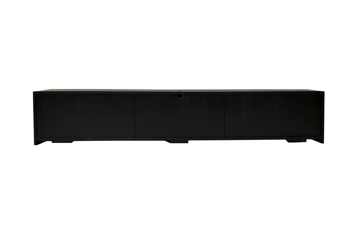 Meuble TV suspendu ILLUSION 160cm en bois de manguier massif noir avec sculptures 3D dorées
