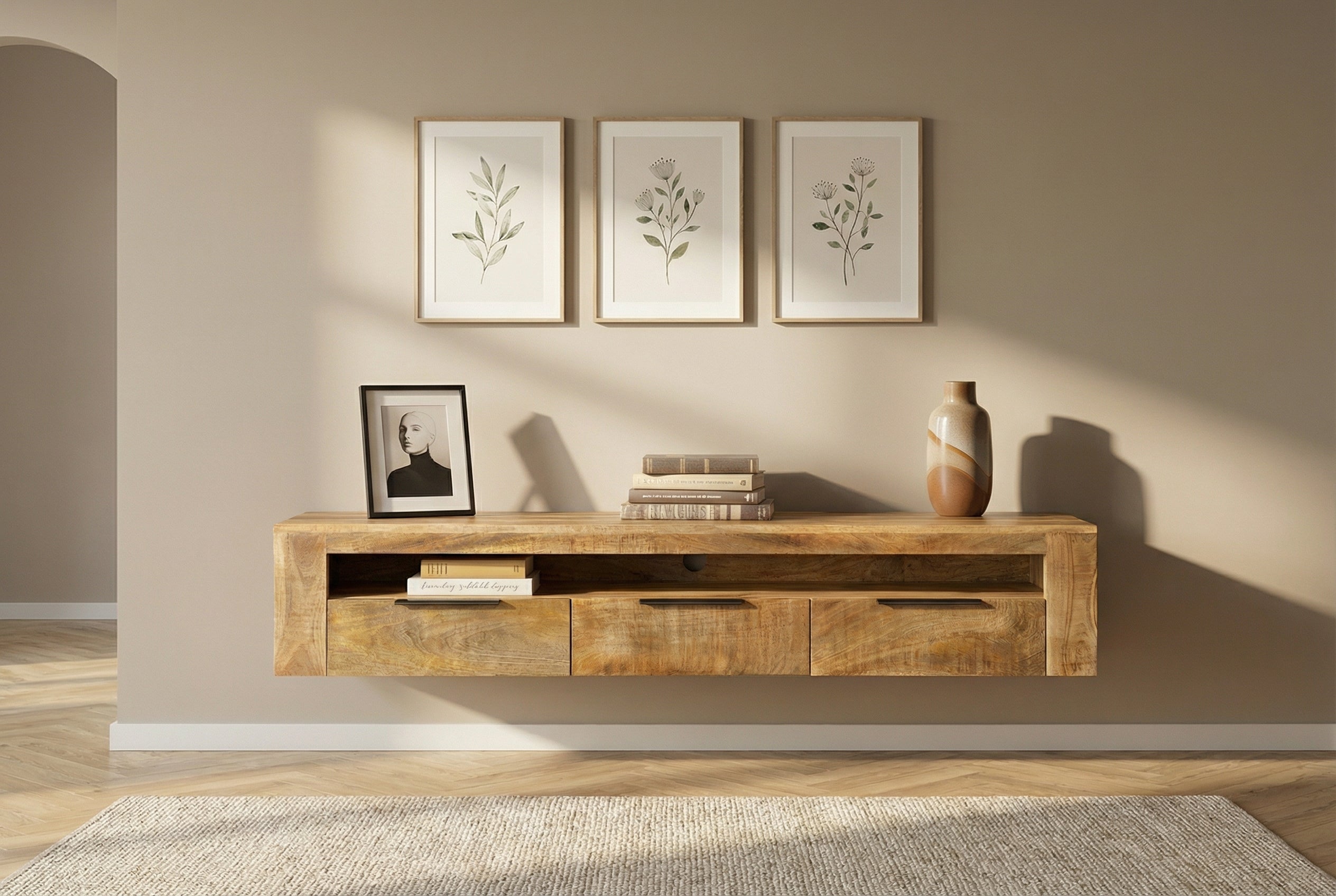 Meuble TV suspendu IRON CRAFT 160cm meuble bas en bois massif de manguier naturel à trois tiroirs