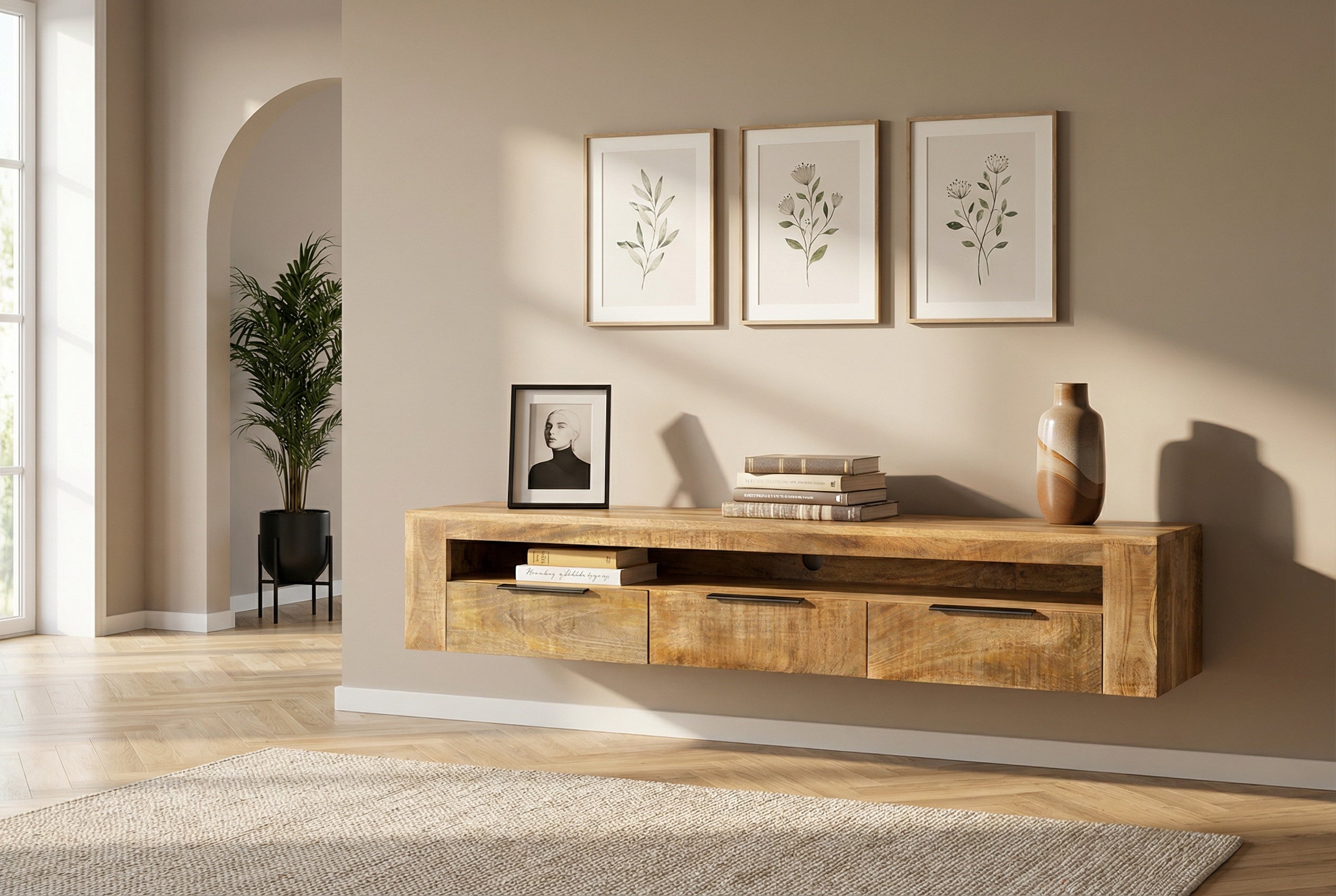 Meuble TV suspendu IRON CRAFT 160cm meuble bas en bois massif de manguier naturel à trois tiroirs