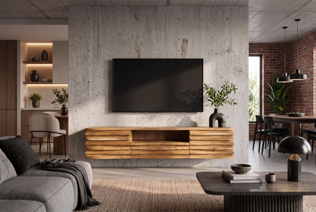 Meuble TV suspendu RELIEF 200 cm en bois d’acacia massif naturel avec une façade élaborée