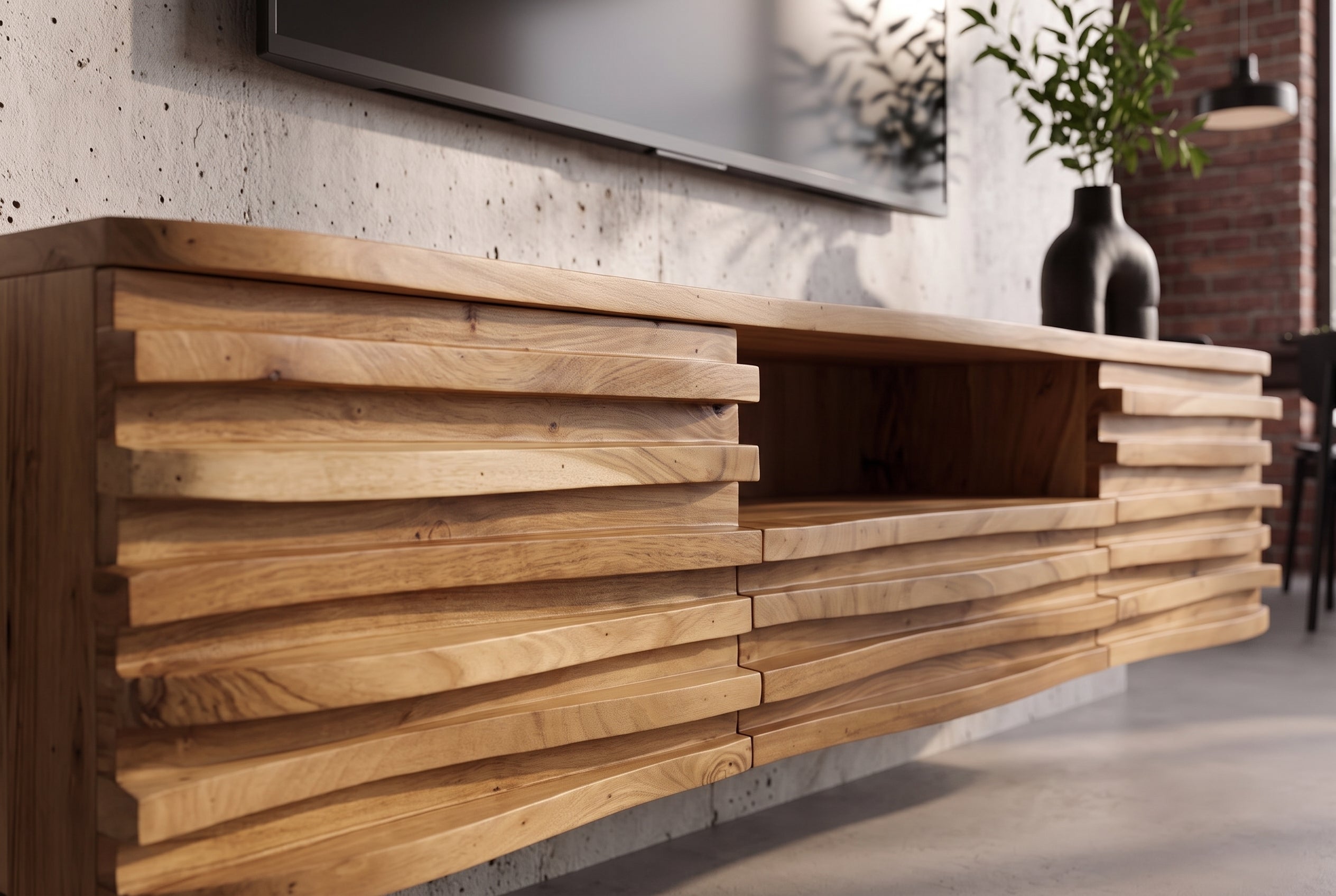 Meuble TV suspendu RELIEF 200 cm en bois d’acacia massif naturel avec une façade élaborée