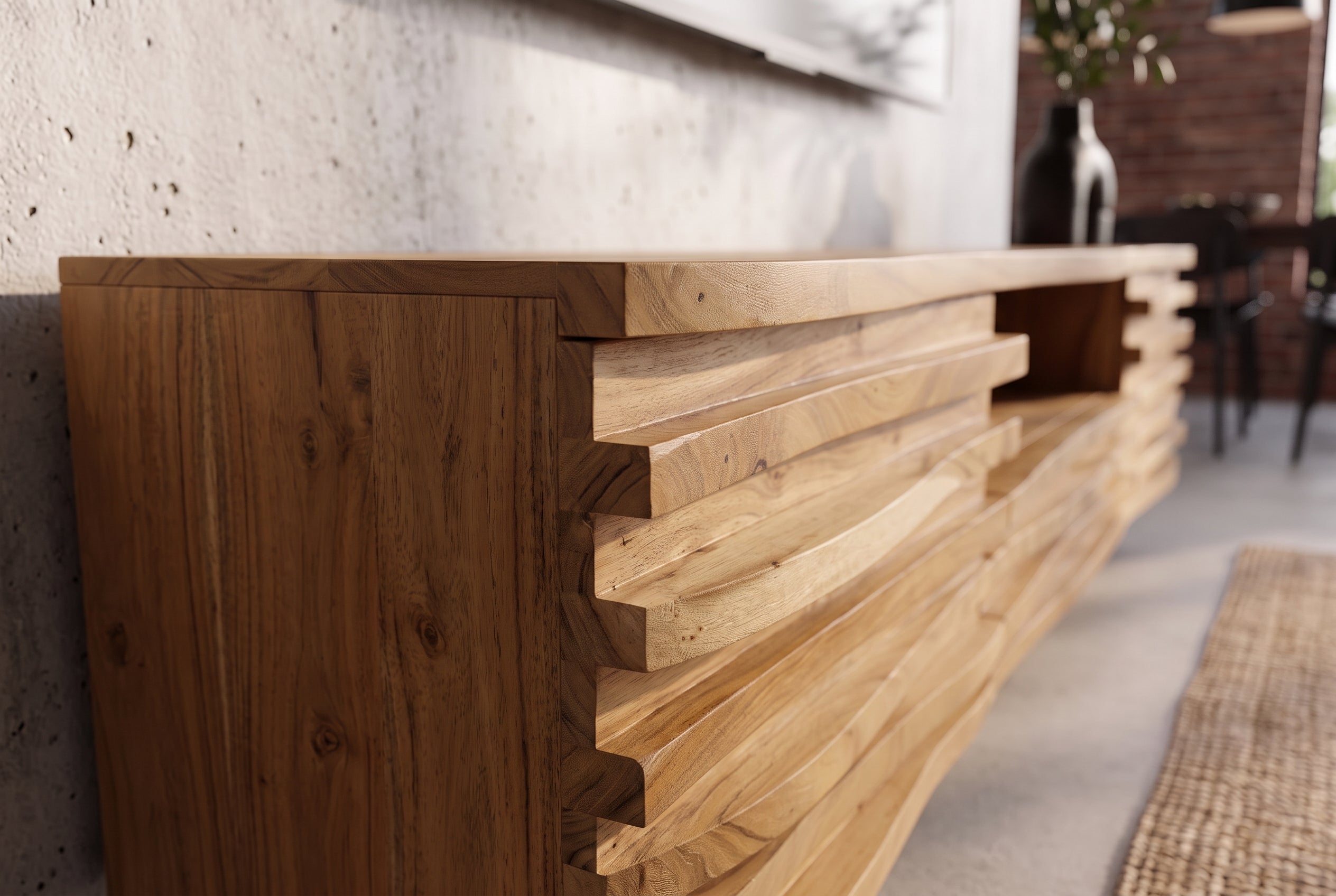 Meuble TV suspendu RELIEF 200 cm en bois d’acacia massif naturel avec une façade élaborée