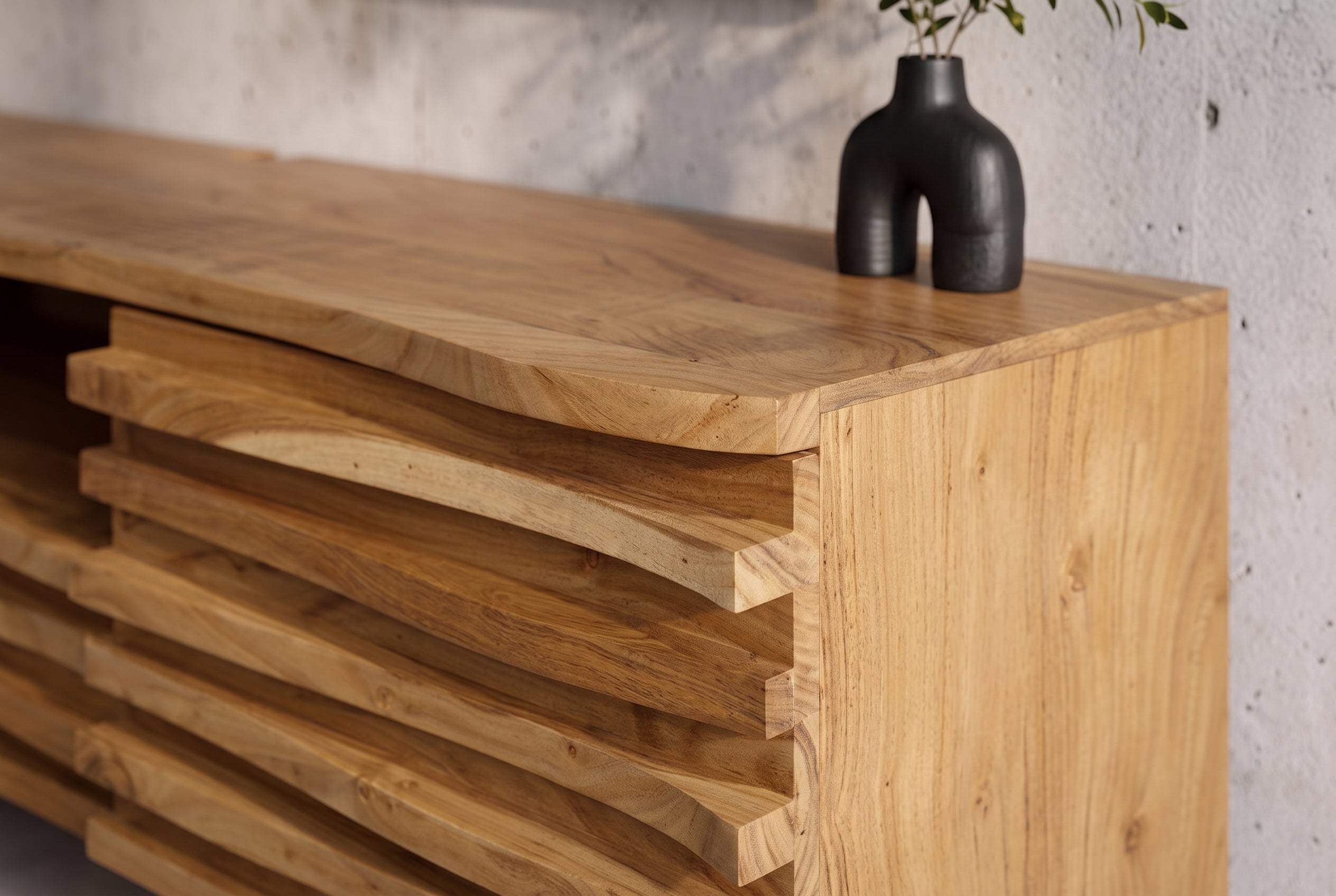 Meuble TV suspendu RELIEF 200 cm en bois d’acacia massif naturel avec une façade élaborée
