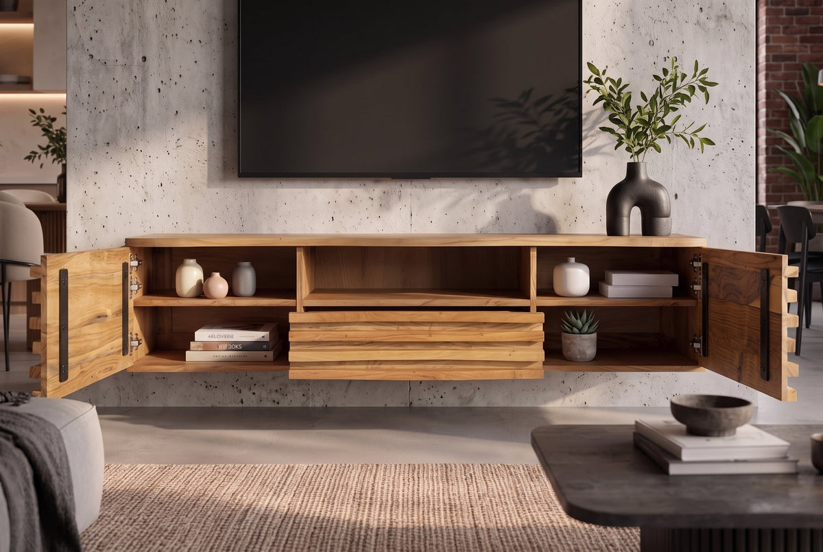 Meuble TV suspendu RELIEF 200 cm en bois d’acacia massif naturel avec une façade élaborée