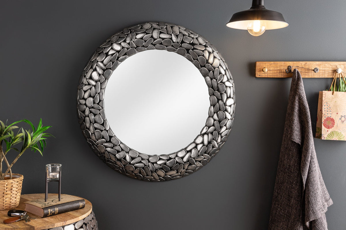 Miroir artisanal STONE MOSAIC XL 82cm argent aspect mosaïque en métal