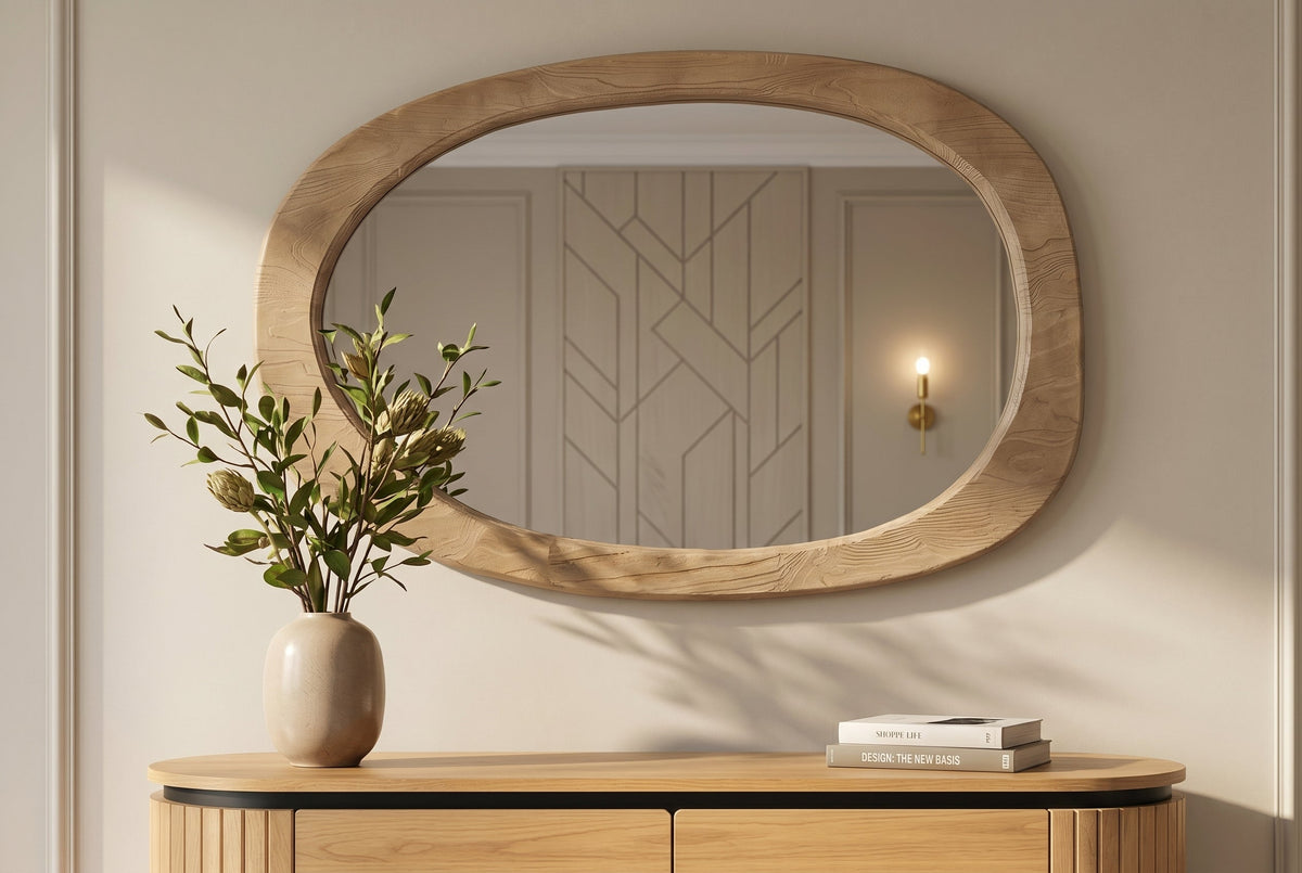 Miroir design ORGANIC 105cm naturel beige bois de pin cadre arrondi miroir mural