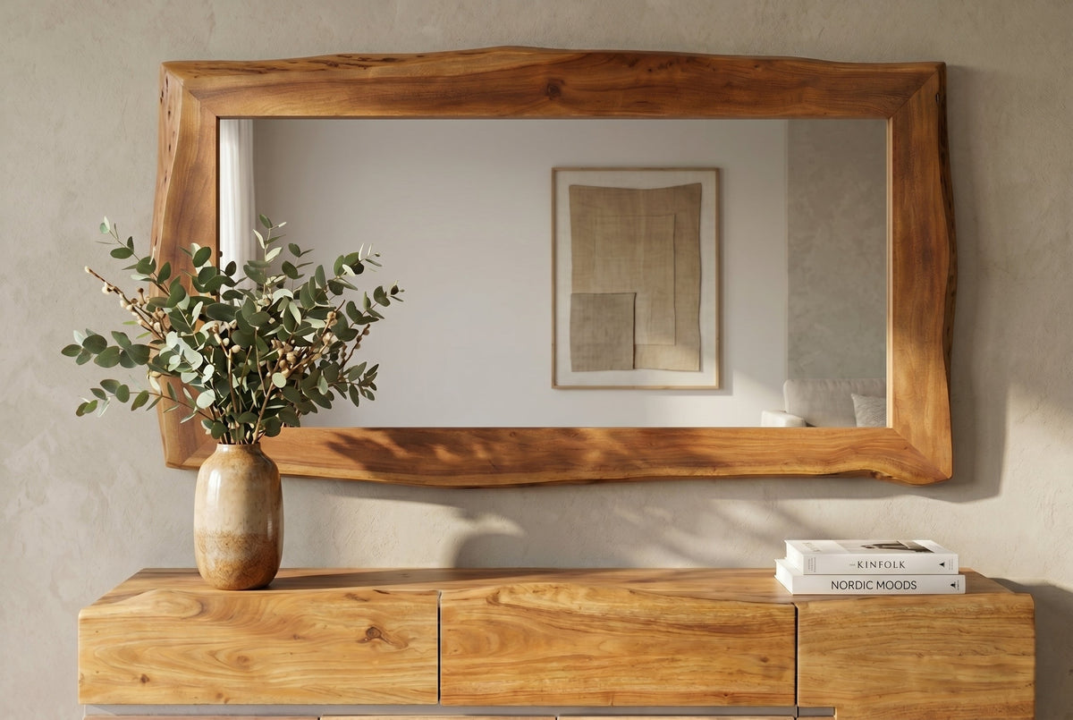 Miroir massif MAMMUT 160cm marron bois d'acacia bord d'arbre miroir mural