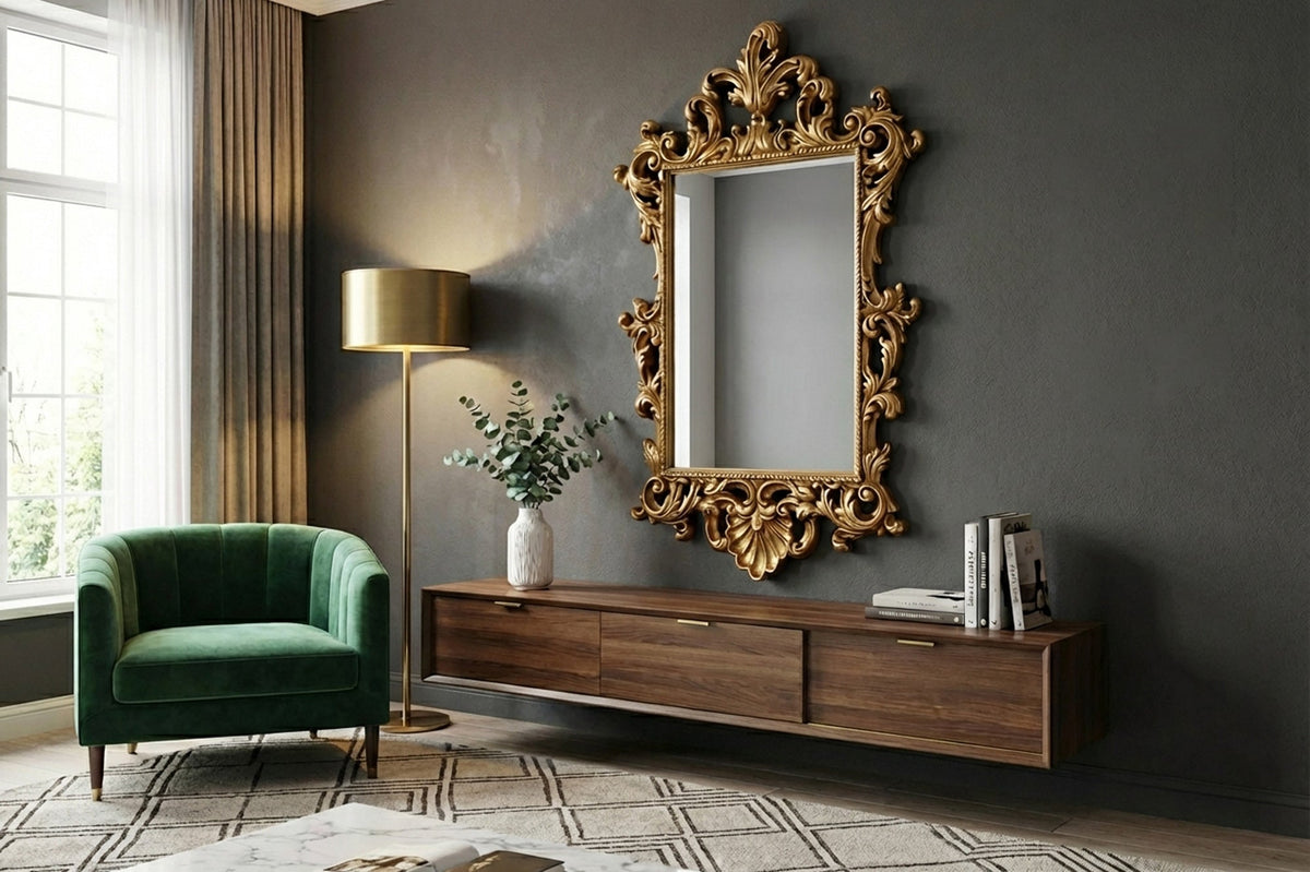 Miroir mural design OPULENT 125cm or décoration de cadre riche en détails Baroque moderne