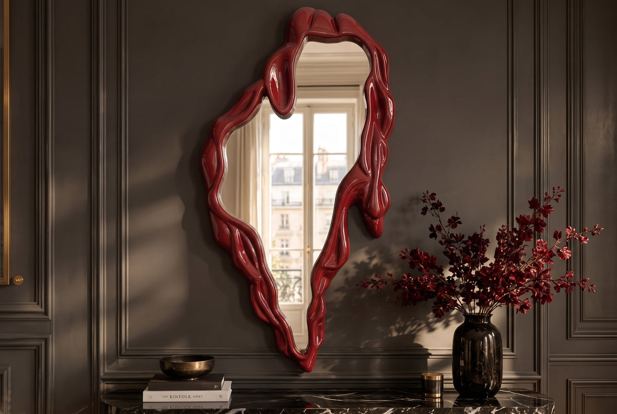 Miroir mural extravagant FLUIDUM 150cm rouge suspension verticale forme organique