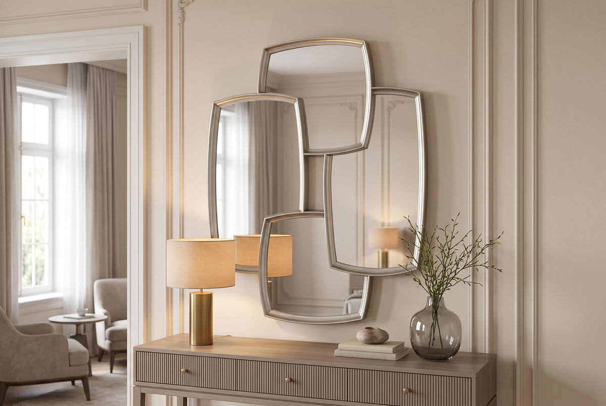 Miroir mural moderne QUADRA 90cm argent, accrochage variable, quatre miroirs