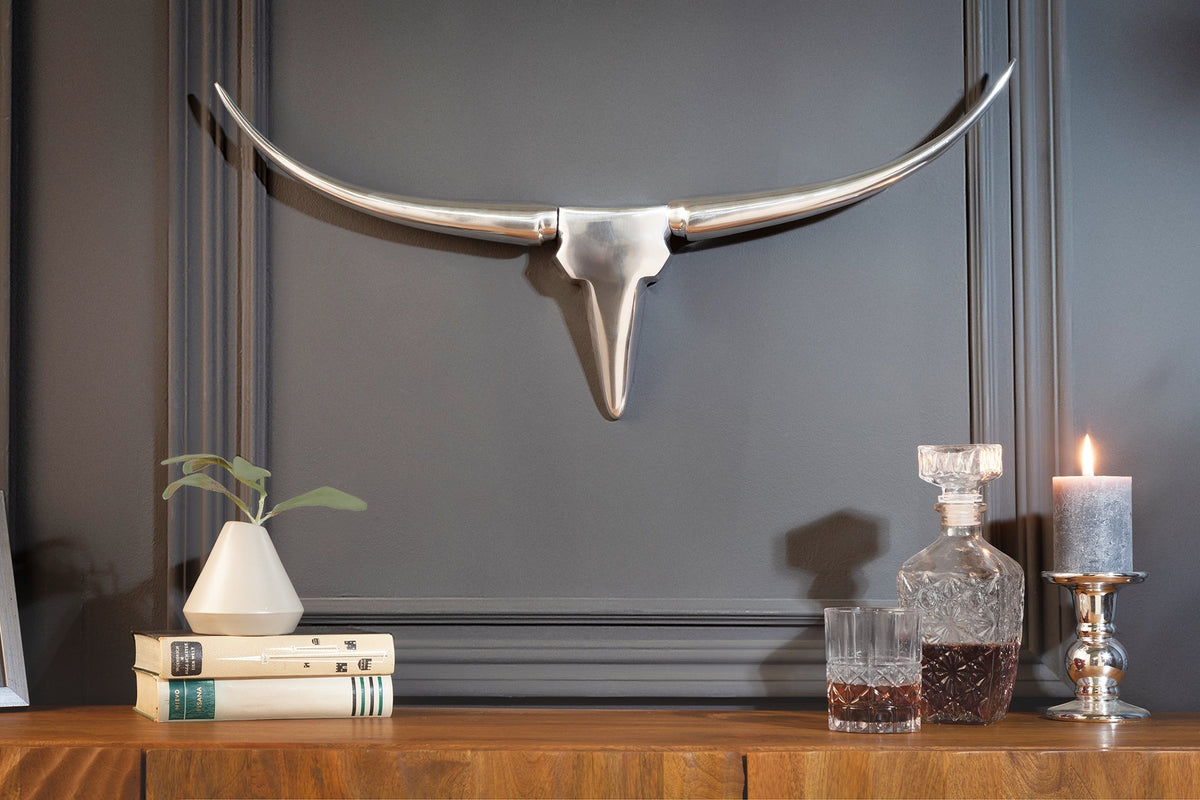 Moderne design de décoration murale BULL 75cm aluminium argenté tête de taureau