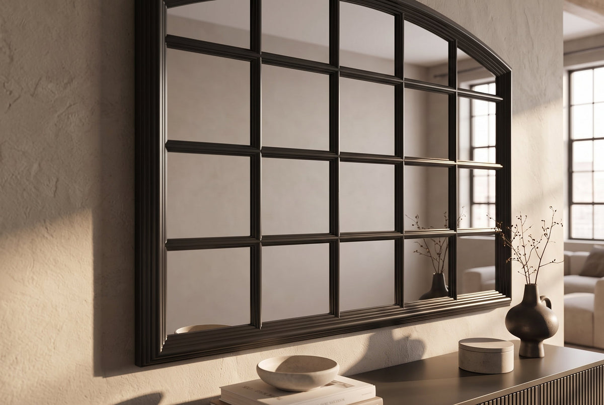 Moderne miroir mural PARIS 120cm noir miroir fenêtre design arc-rond