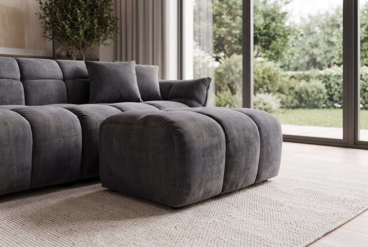 Moderne pouf CLOUD 100cm gris Vogue tissu velours ressorts repose-pieds pouf