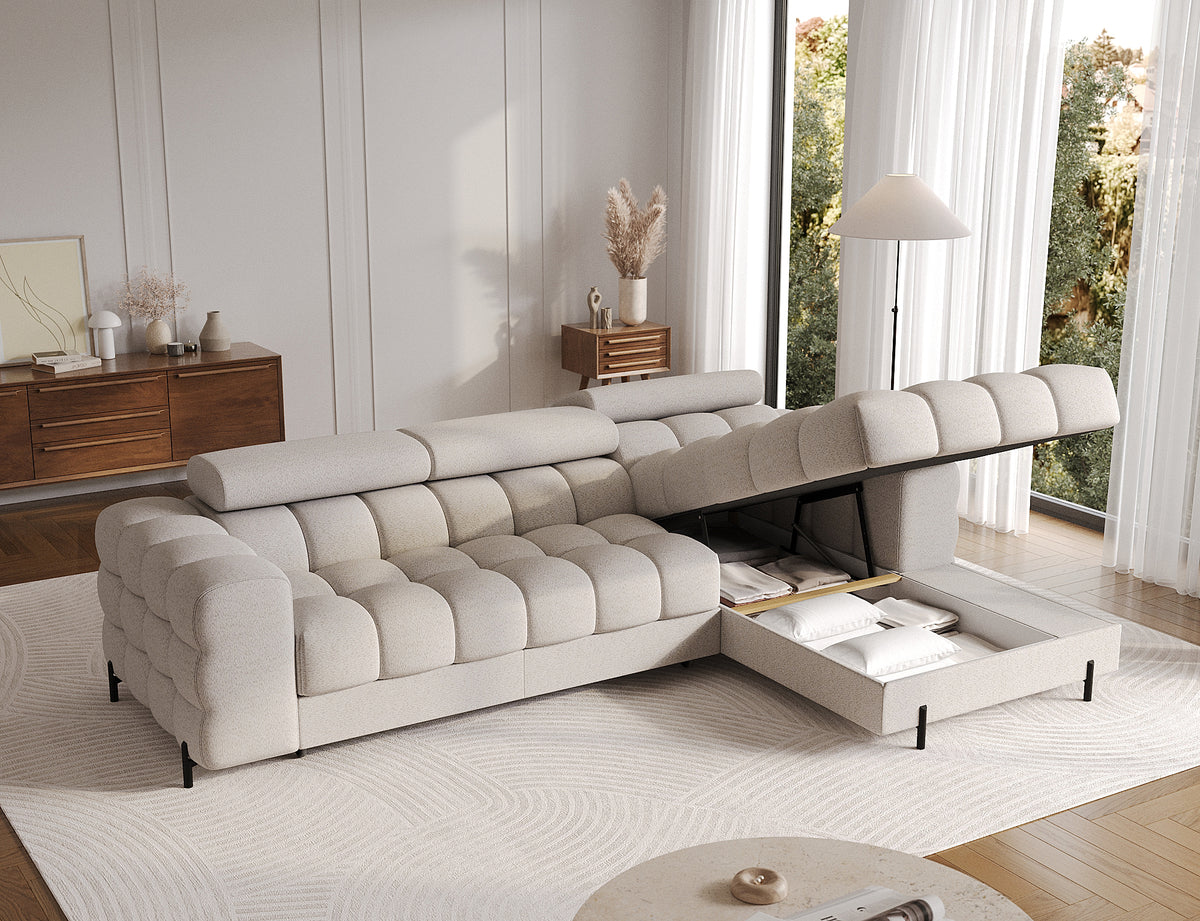 MONTCEAU ANGLE — Canapé d’angle avec coffre de rangement bouclette chinée beige