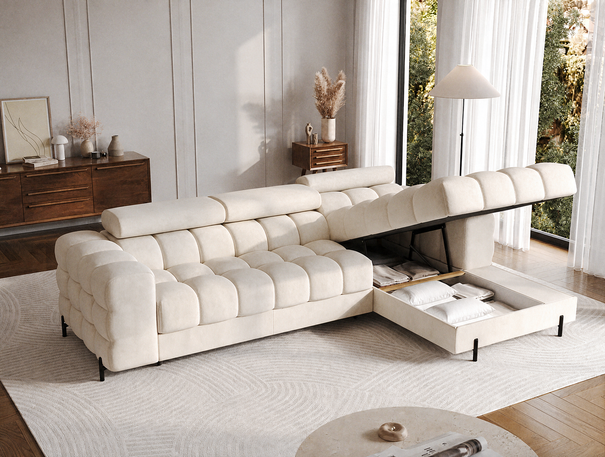 MONTCEAU ANGLE — Canapé d’angle avec coffre de rangement velours beige