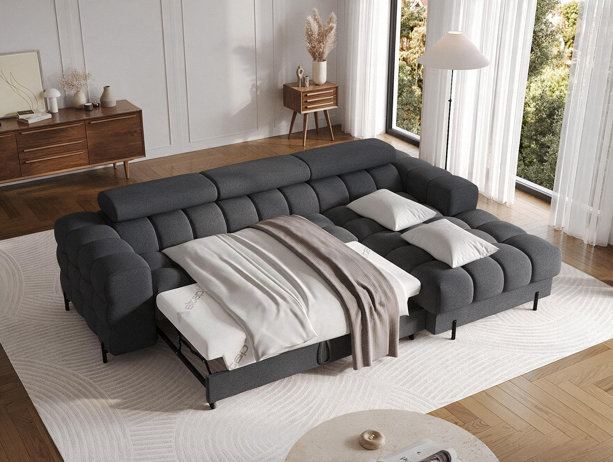 MONTCEAU ANGLE — Canapé d’angle avec couchage dépliable bouclette chinée gris foncé