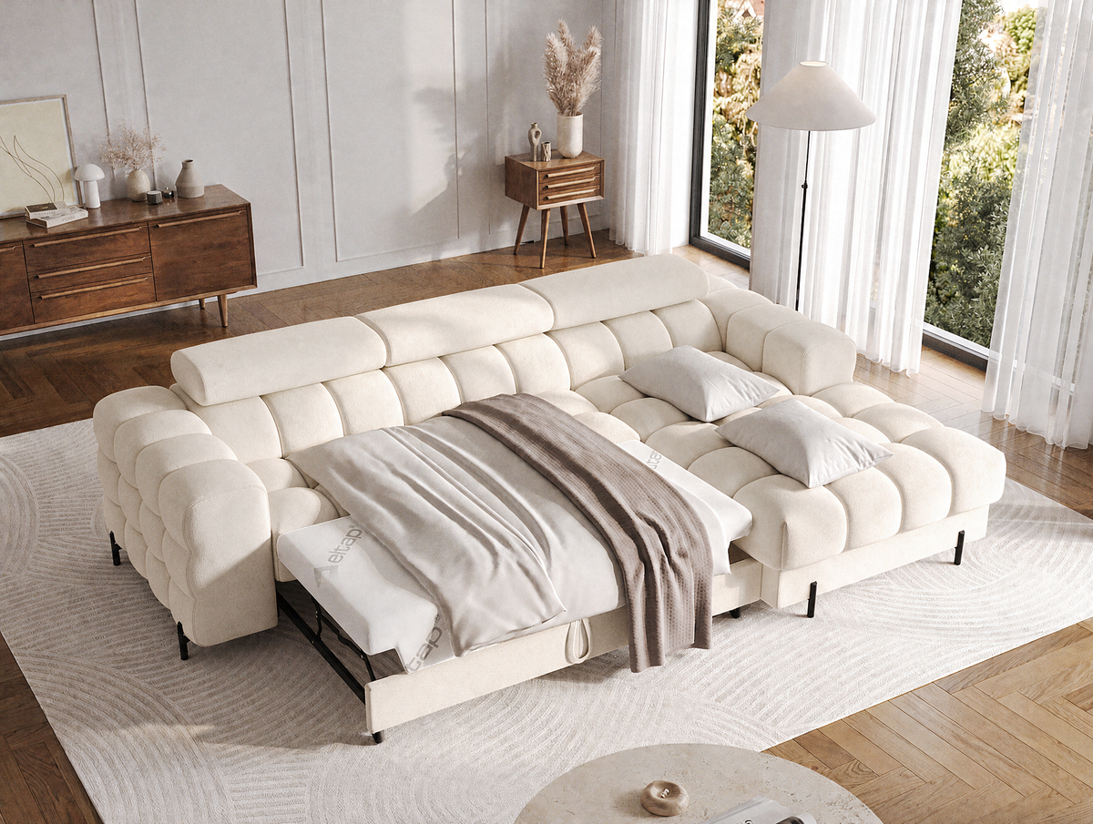 MONTCEAU ANGLE — Canapé d’angle avec couchage dépliable velours beige