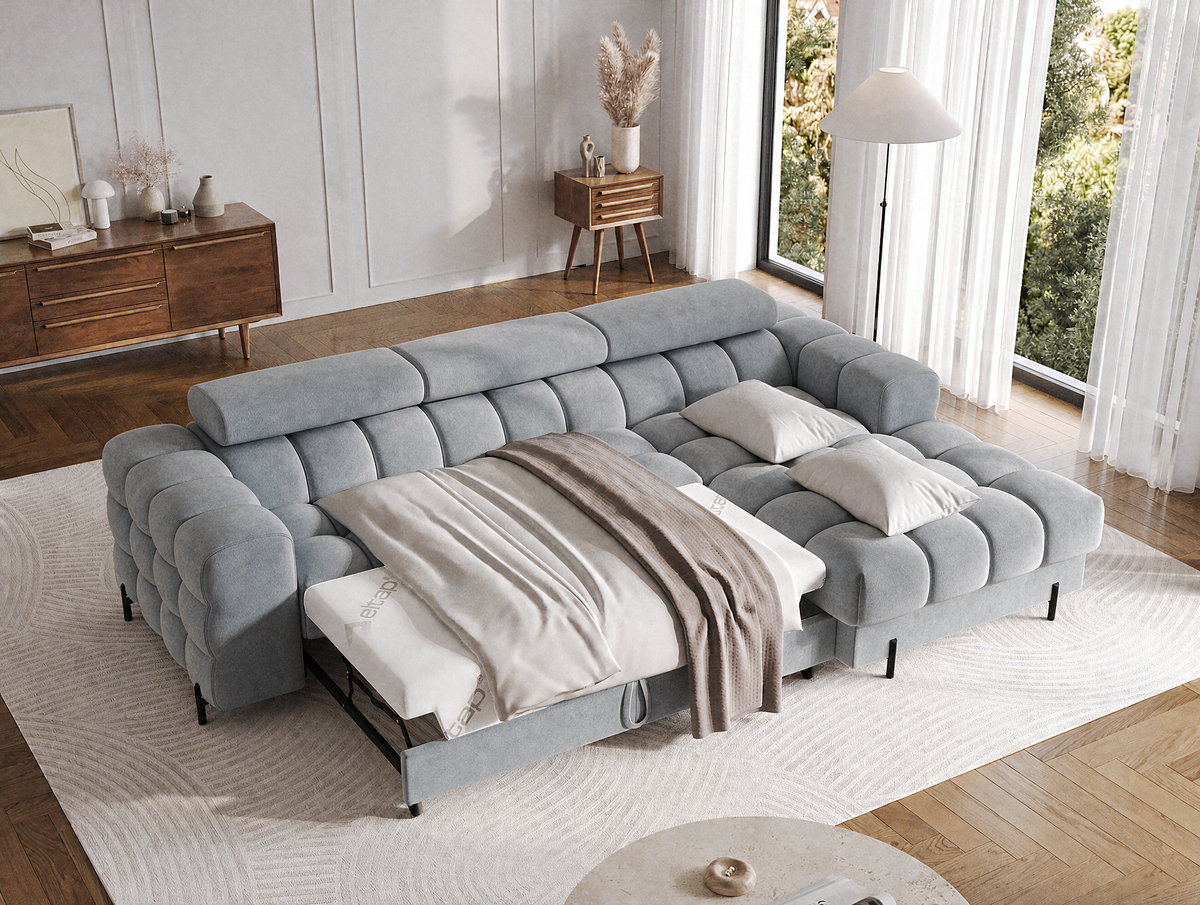 MONTCEAU ANGLE — Canapé d’angle avec couchage dépliable velours gris clair