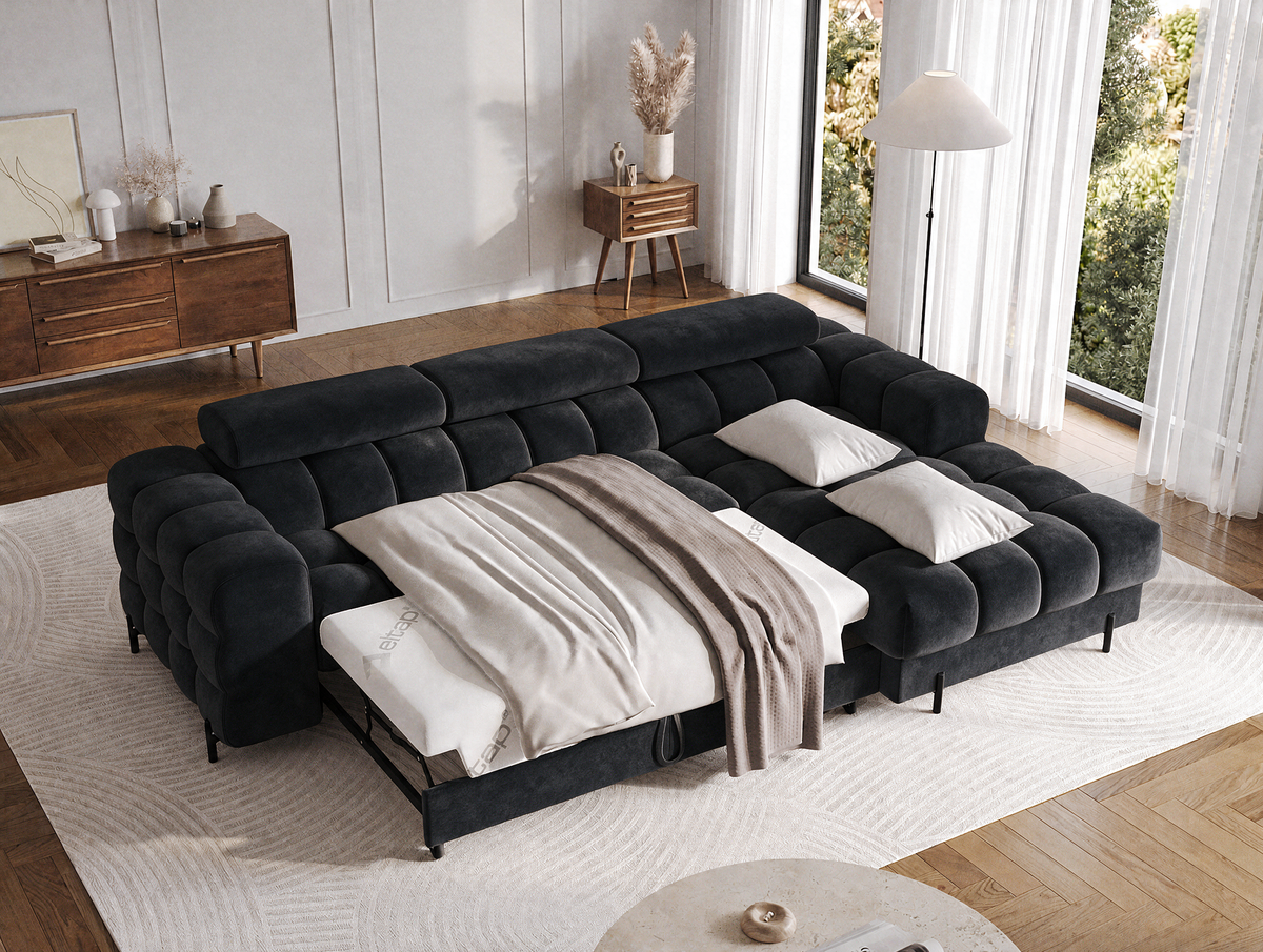 MONTCEAU ANGLE — Canapé d’angle avec couchage dépliable velours noir