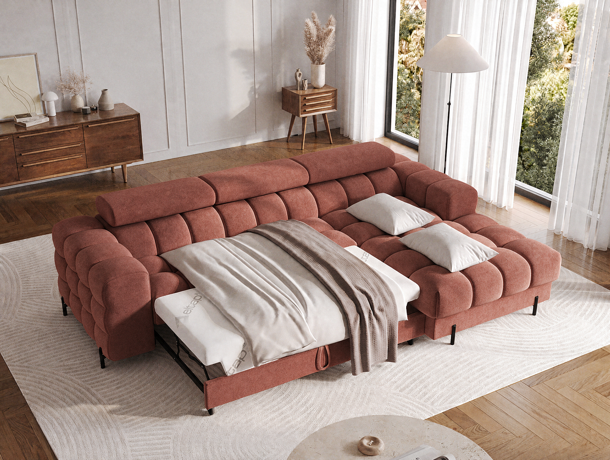 MONTCEAU ANGLE — Canapé d’angle avec couchage dépliable velours terracotta