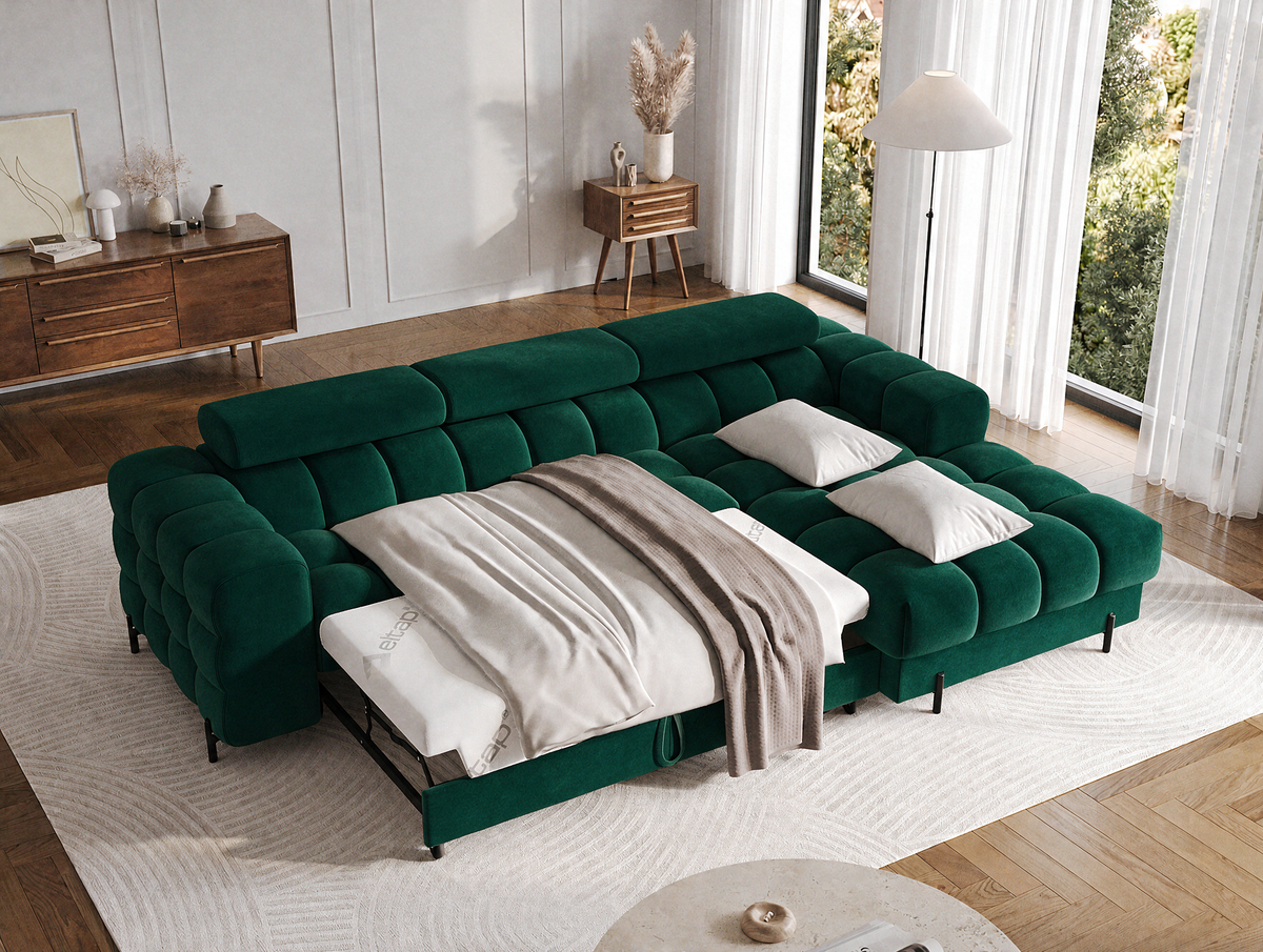 MONTCEAU ANGLE — Canapé d’angle avec couchage dépliable velours vert sapin