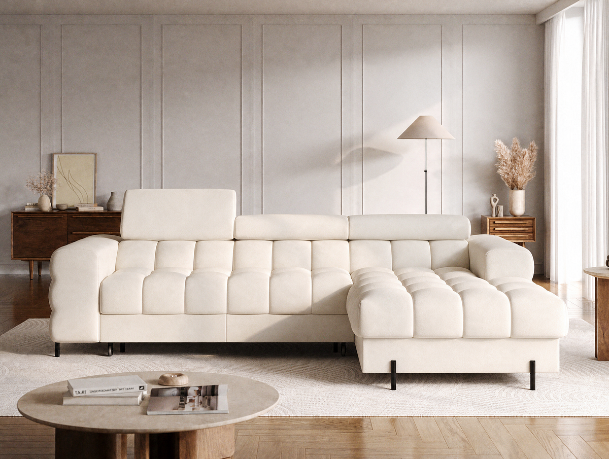 MONTCEAU ANGLE — Canapé d’angle avec méridienne velours beige
