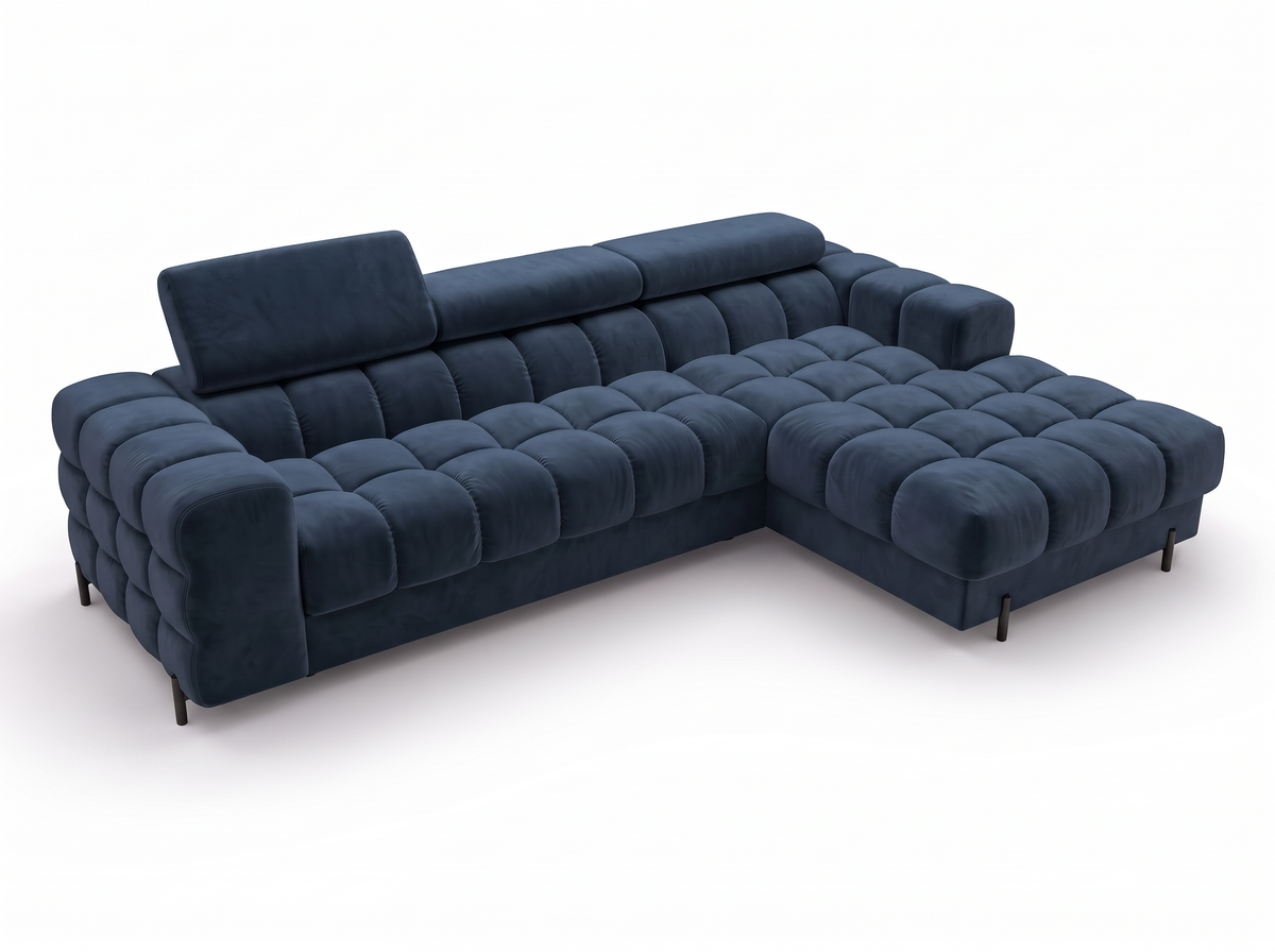 MONTCEAU ANGLE — Canapé d’angle avec têtières réglables velours bleu marine