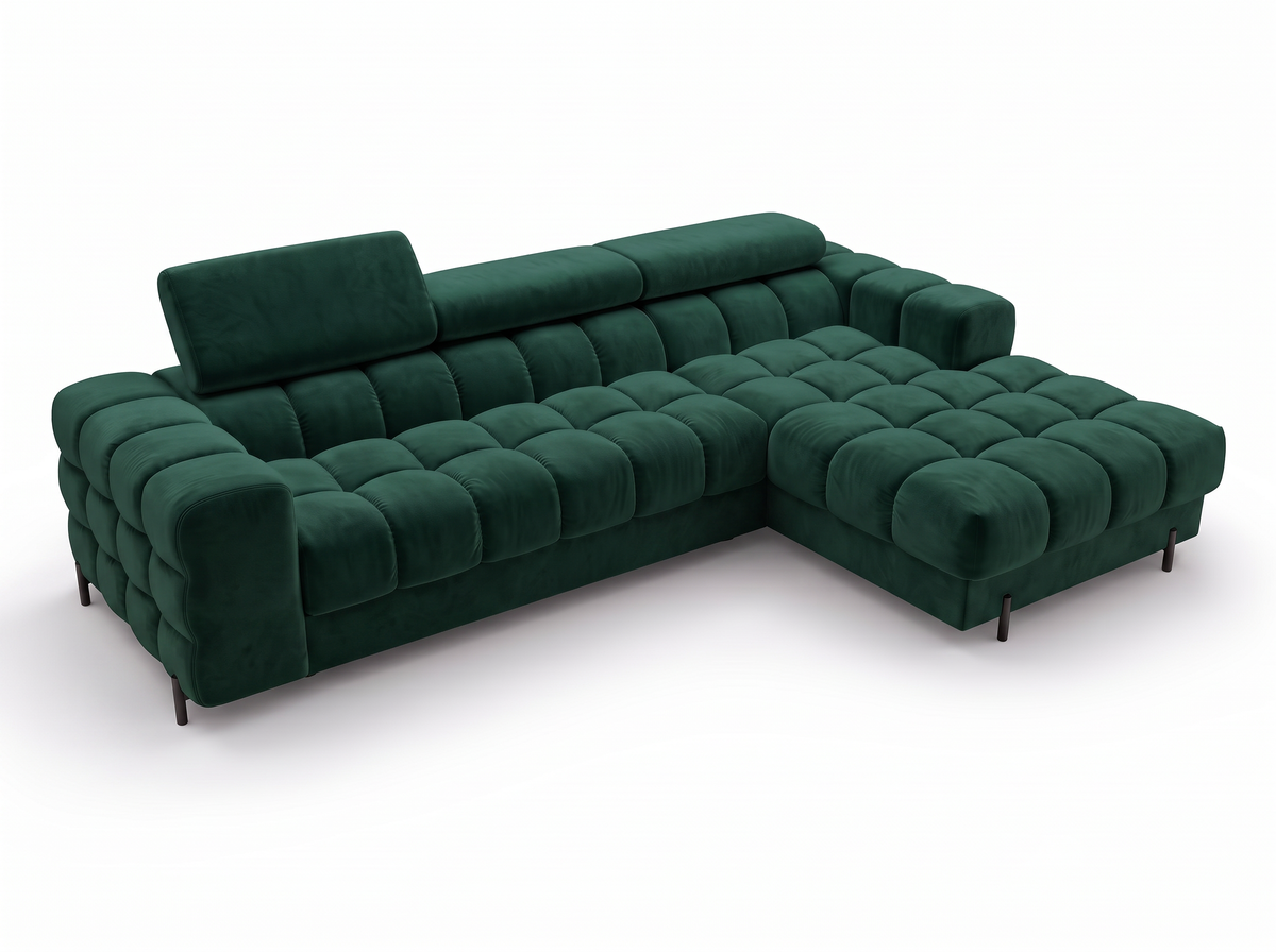 MONTCEAU ANGLE — Canapé d’angle avec têtières réglables velours vert sapin