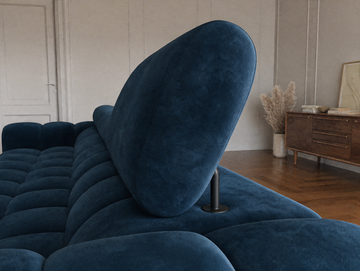MONTCEAU ANGLE — Canapé d’angle avec têtières relevables velours bleu marine