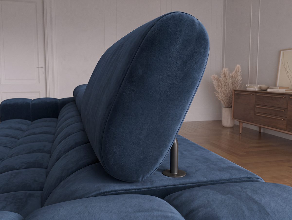MONTCEAU ANGLE — Canapé d’angle avec têtières relevables velours bleu marine