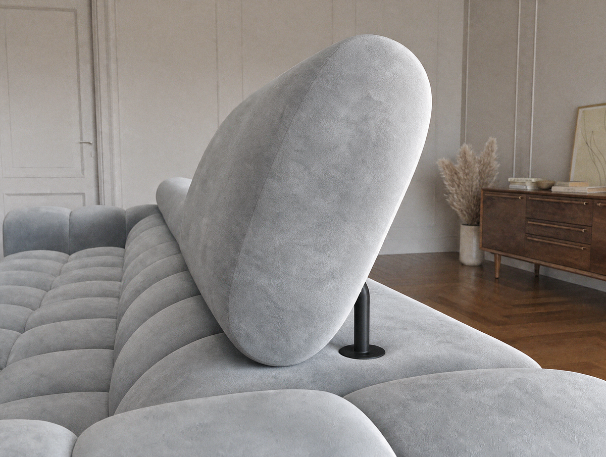 MONTCEAU ANGLE — Canapé d’angle avec têtières relevables velours gris clair