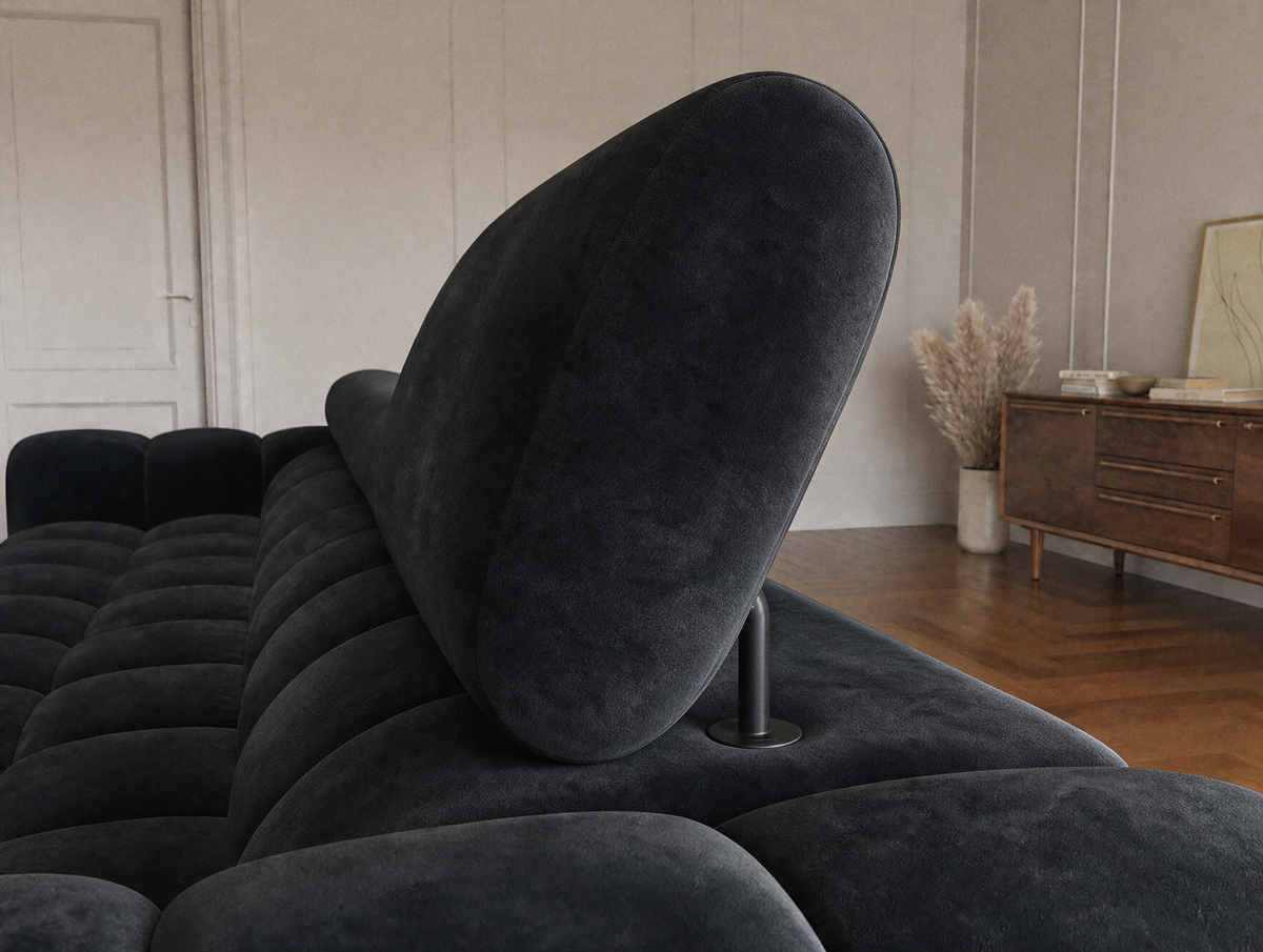 MONTCEAU ANGLE — Canapé d’angle avec têtières relevables velours noir