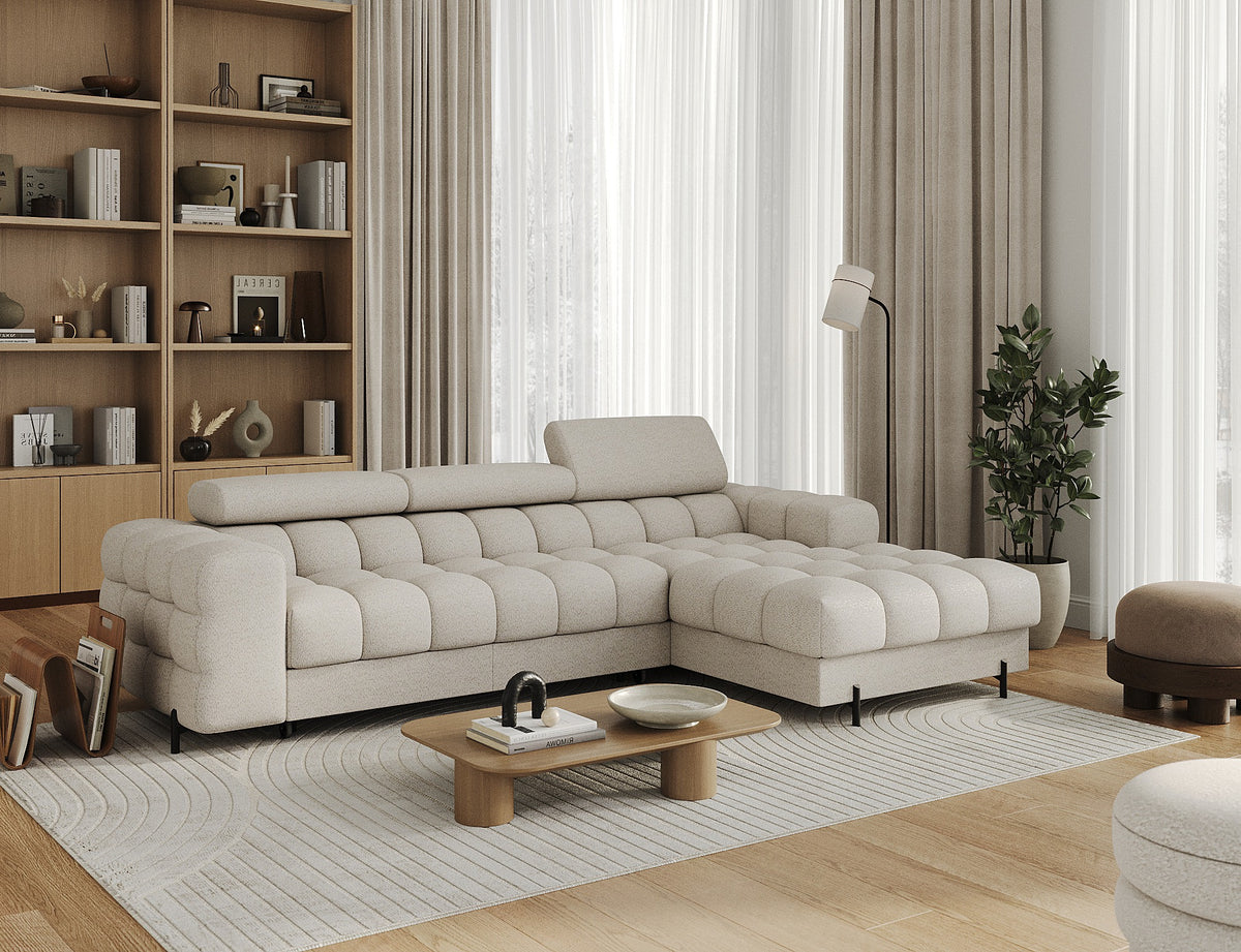 MONTCEAU ANGLE — Canapé d’angle bouclette chinée beige avec accoudoirs rembourrés