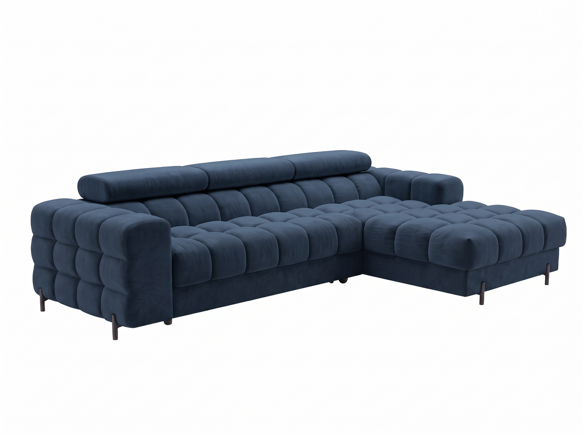 MONTCEAU ANGLE — Canapé d’angle rembourré velours bleu marine
