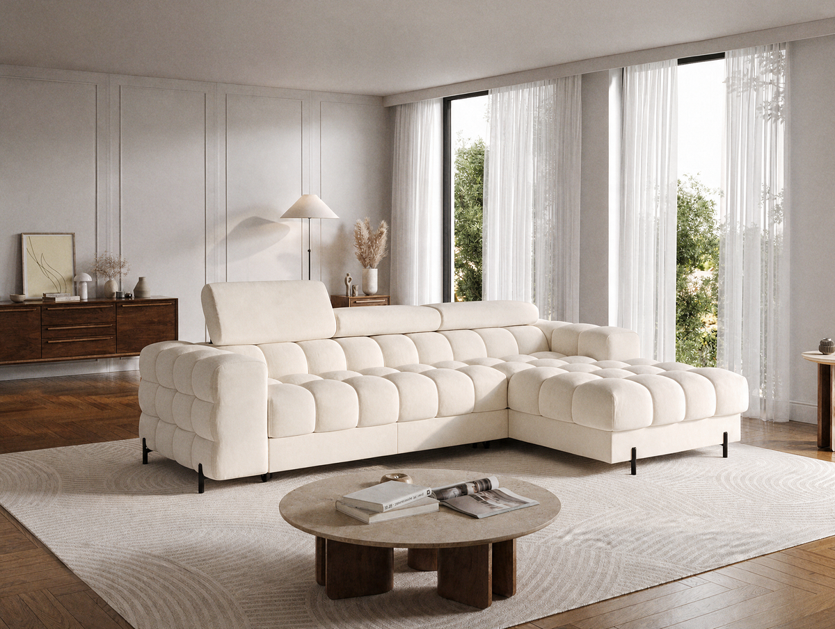MONTCEAU ANGLE — Canapé d’angle velours beige aux assises généreuses