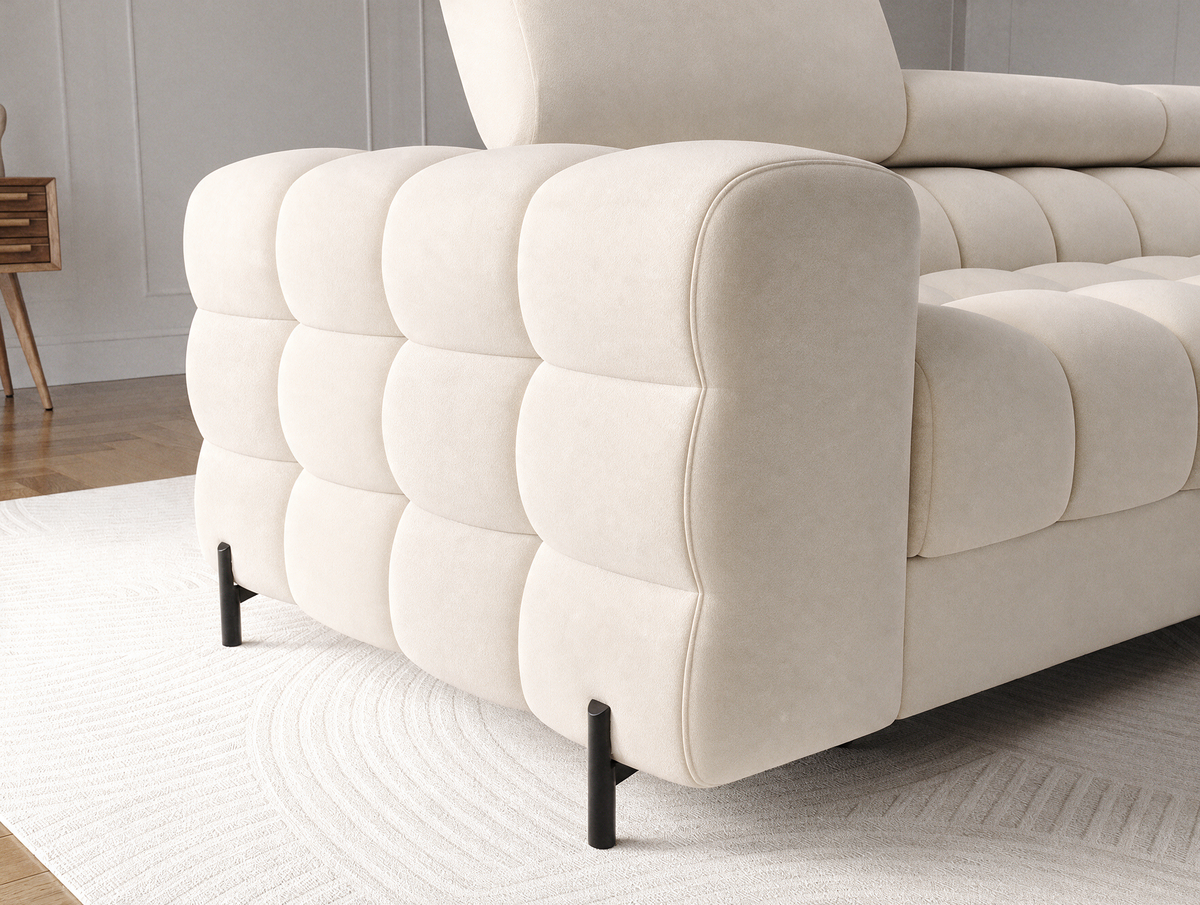 MONTCEAU ANGLE — Canapé d’angle velours beige aux formes arrondies