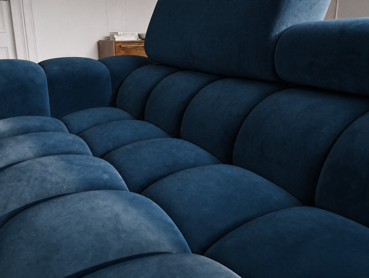 MONTCEAU ANGLE — Canapé d’angle velours bleu marine à assise capitonnée