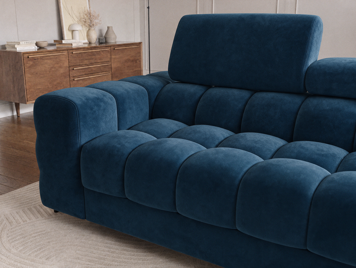 MONTCEAU ANGLE — Canapé d’angle velours bleu marine à dossier rembourré