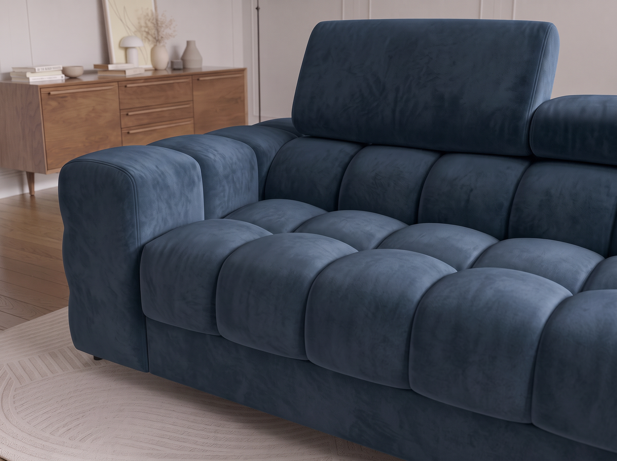 MONTCEAU ANGLE — Canapé d’angle velours bleu marine à dossier rembourré