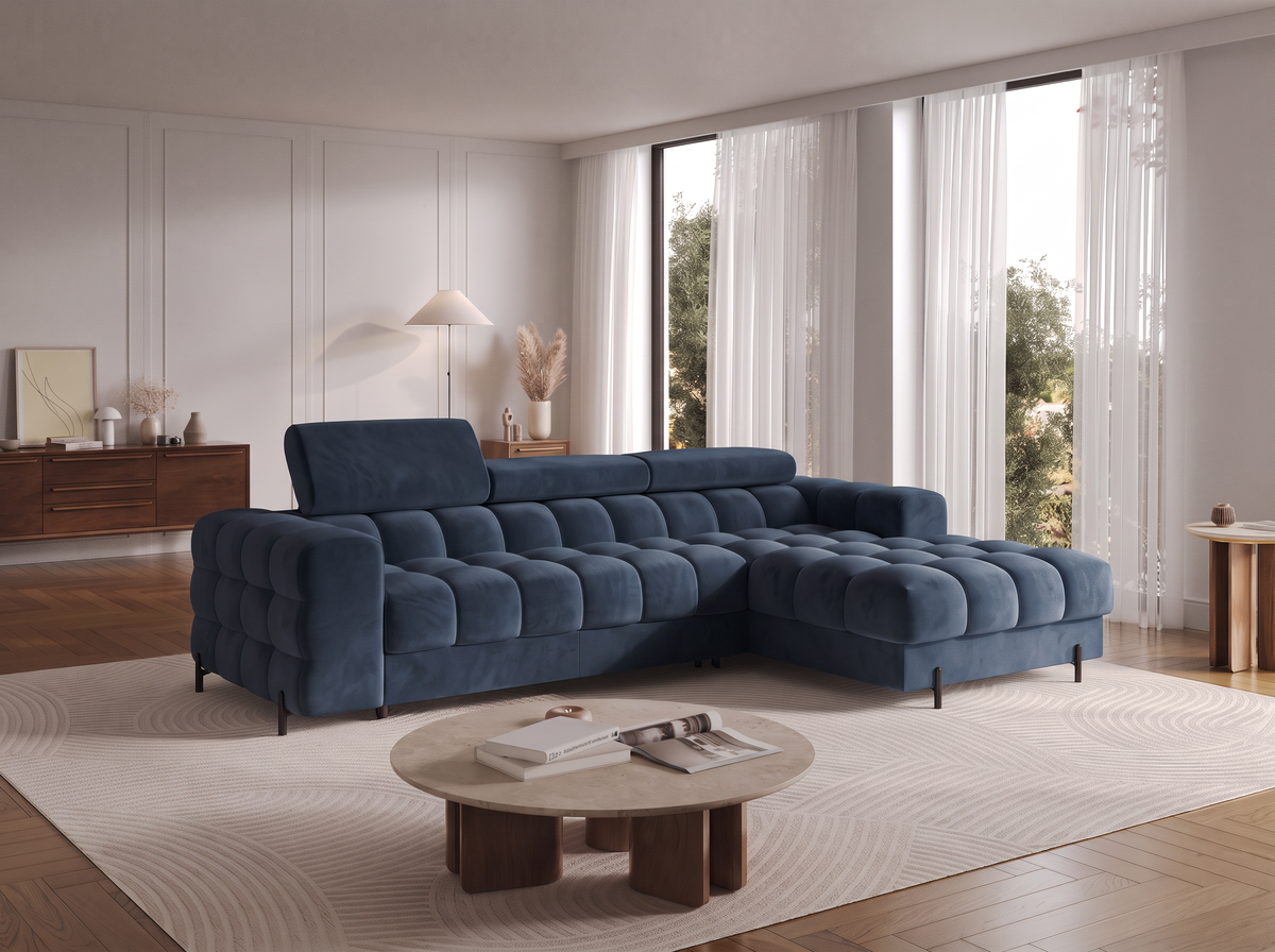 MONTCEAU ANGLE — Canapé d’angle velours bleu marine aux assises généreuses